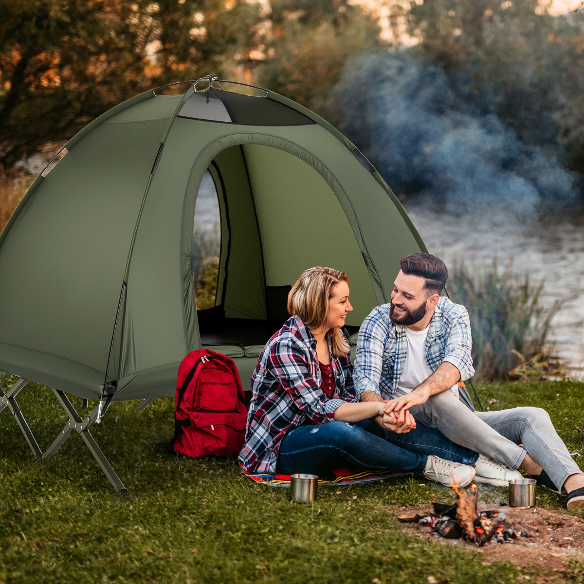 Feldbett mit Zelt für 2 Personen Campingbett mit Regenschutz & 2 Netztüren & Rolltasche