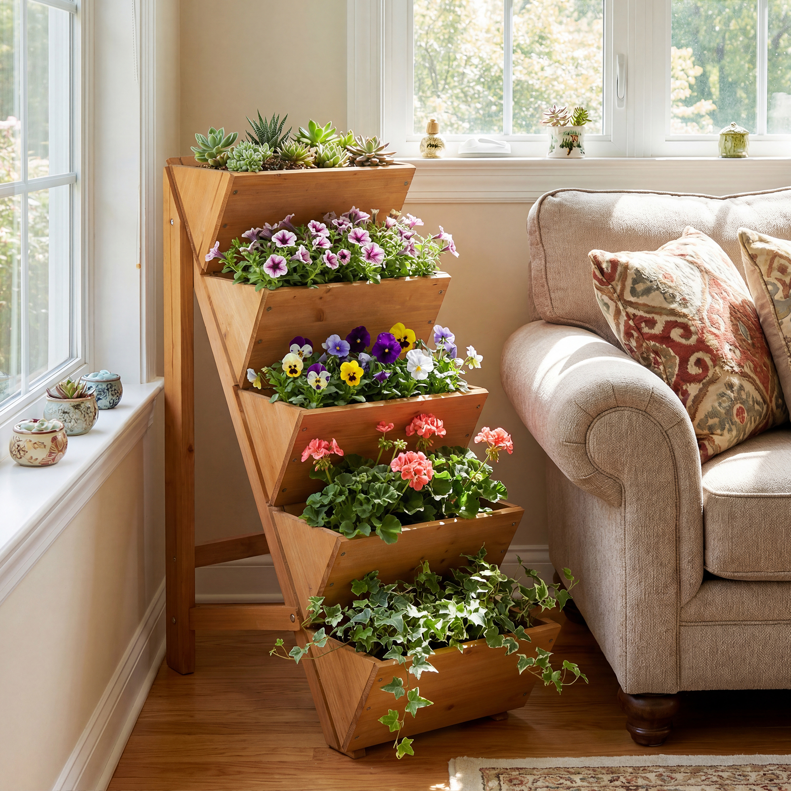 5 8 Etagen Hochbeet Tannenholz V Form Pflanzkästen Dreiecksstandfuß Platzsparend Für Balkon Garten Terrasse Orange