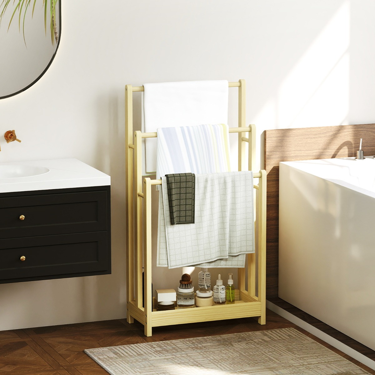 Freistehender Handtuchhalter aus Holz mit 3 Handtuchstangen & Unterer Ablage & Kippschutz Natur