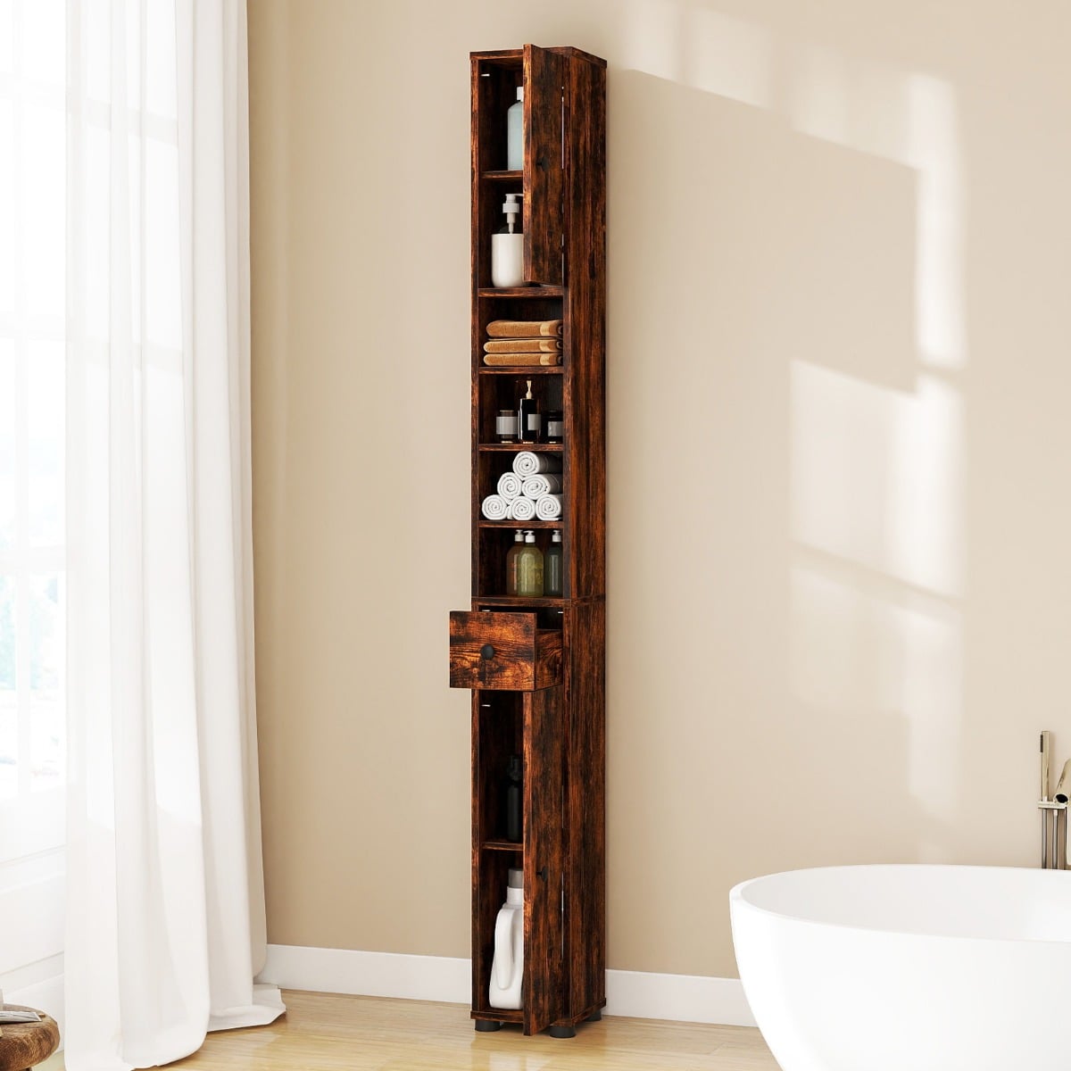 Schmaler Badschrank mit 2 Türen & 1 Schublade & Verstellbaren Regalen Badezimmerschrank Braun