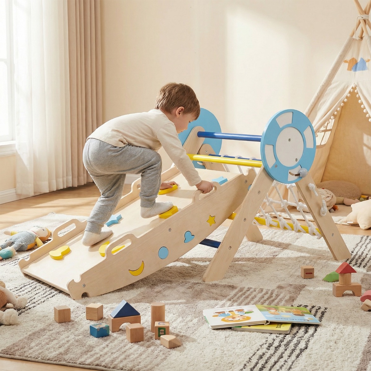 3er Set Klettergerüst Klappabres Kletterdreieck mit Rutsche & Kletterbogen Seefahrer Sprossendreieck