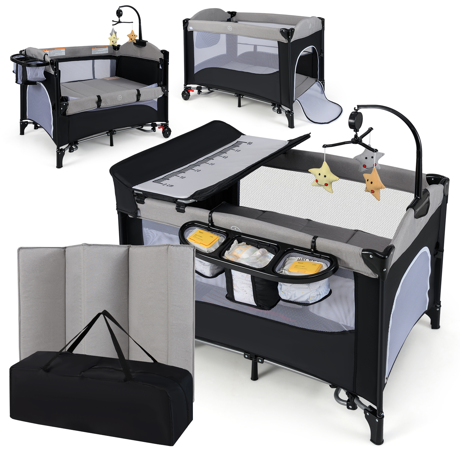 5 in 1 Babybett mit Matratze & Wickeltisch & Sicherheitsgurt & Spieluhr Grau