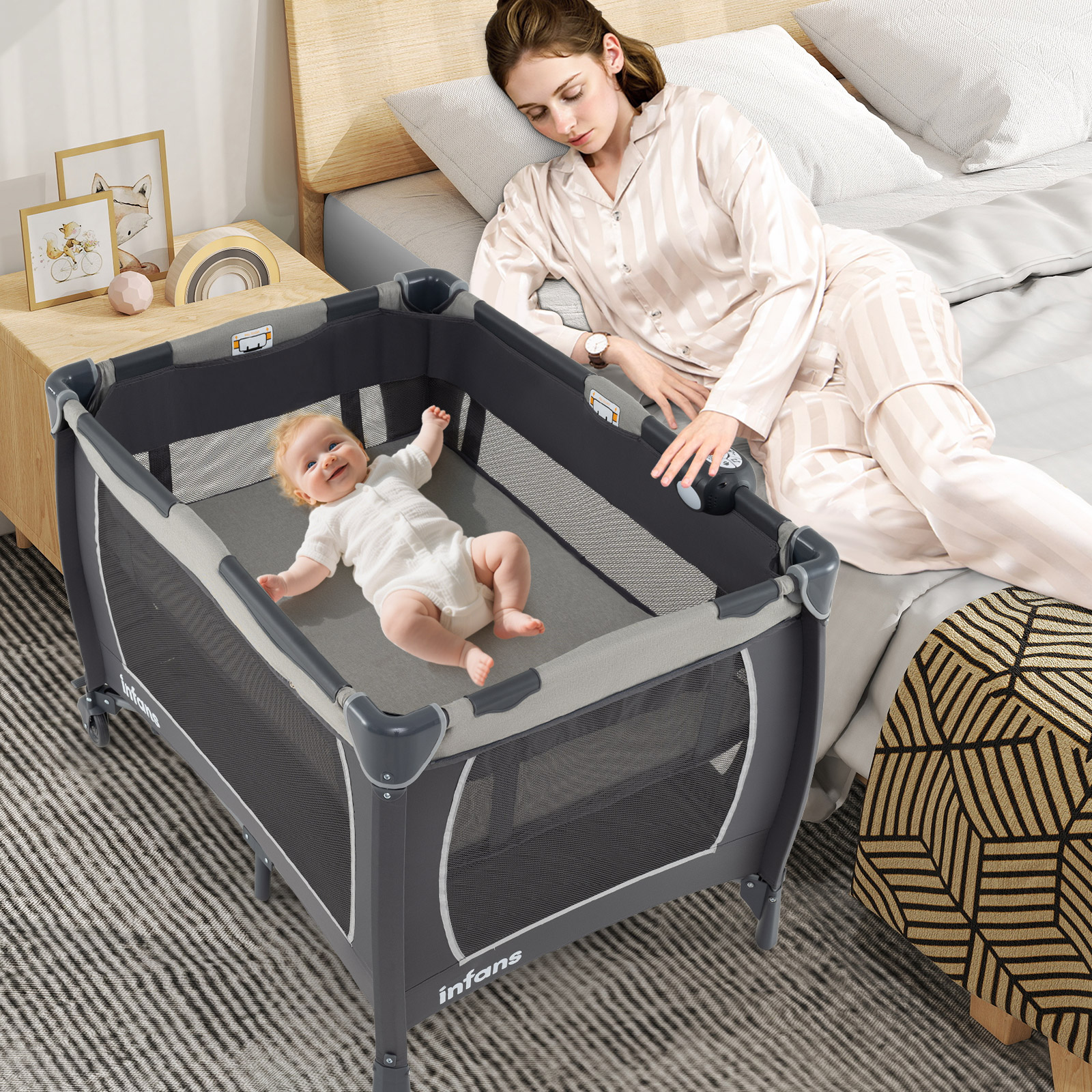 5 in 1 Baby Reisebett mit Wickeltisch & Babywiege & Matratze & 2 Spielzeugen Faltbares Babybett Grau