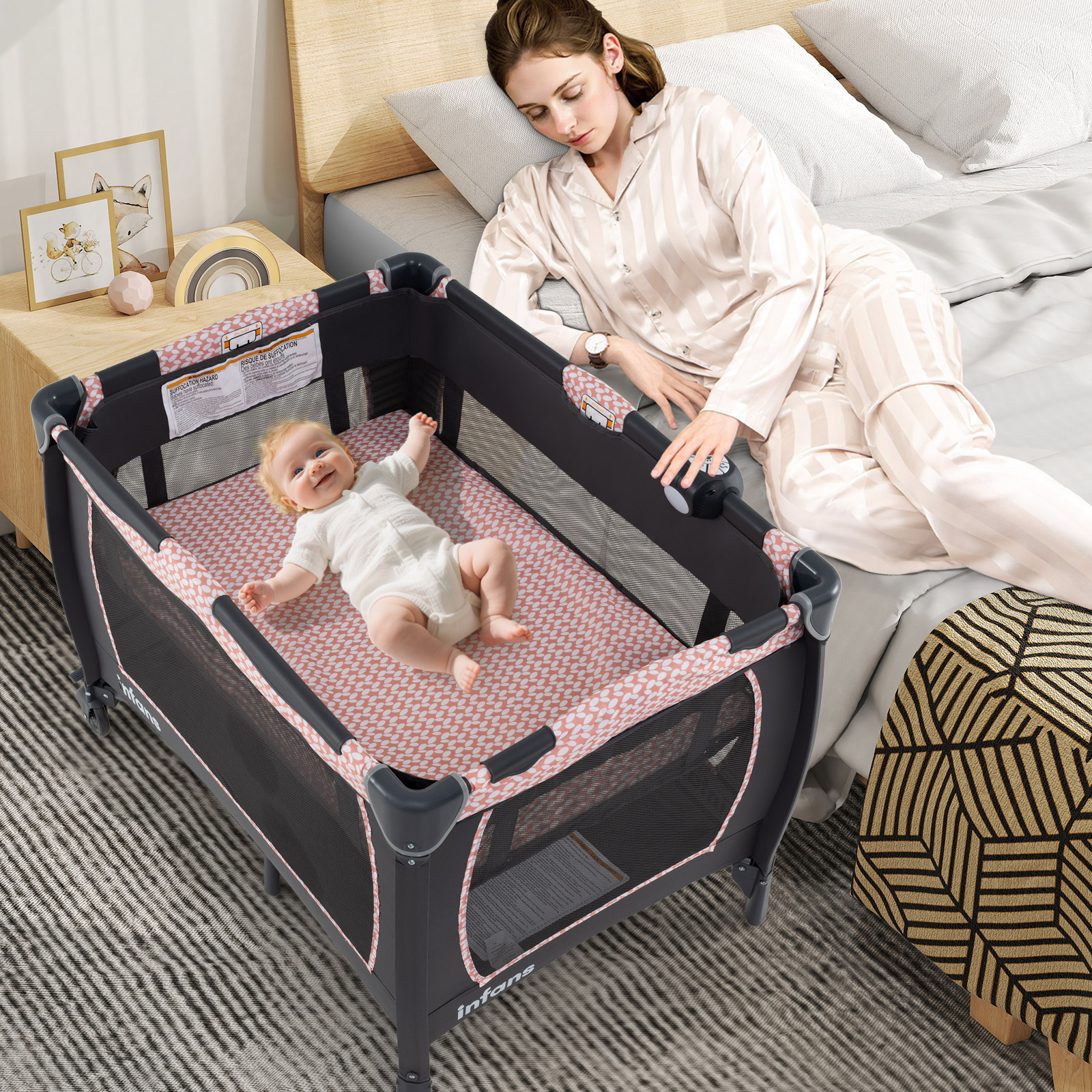 5 in 1 Baby Reisebett mit Wickeltisch & Babywiege & Matratze & 2 Spielzeugen Faltbares Babybett Rosa
