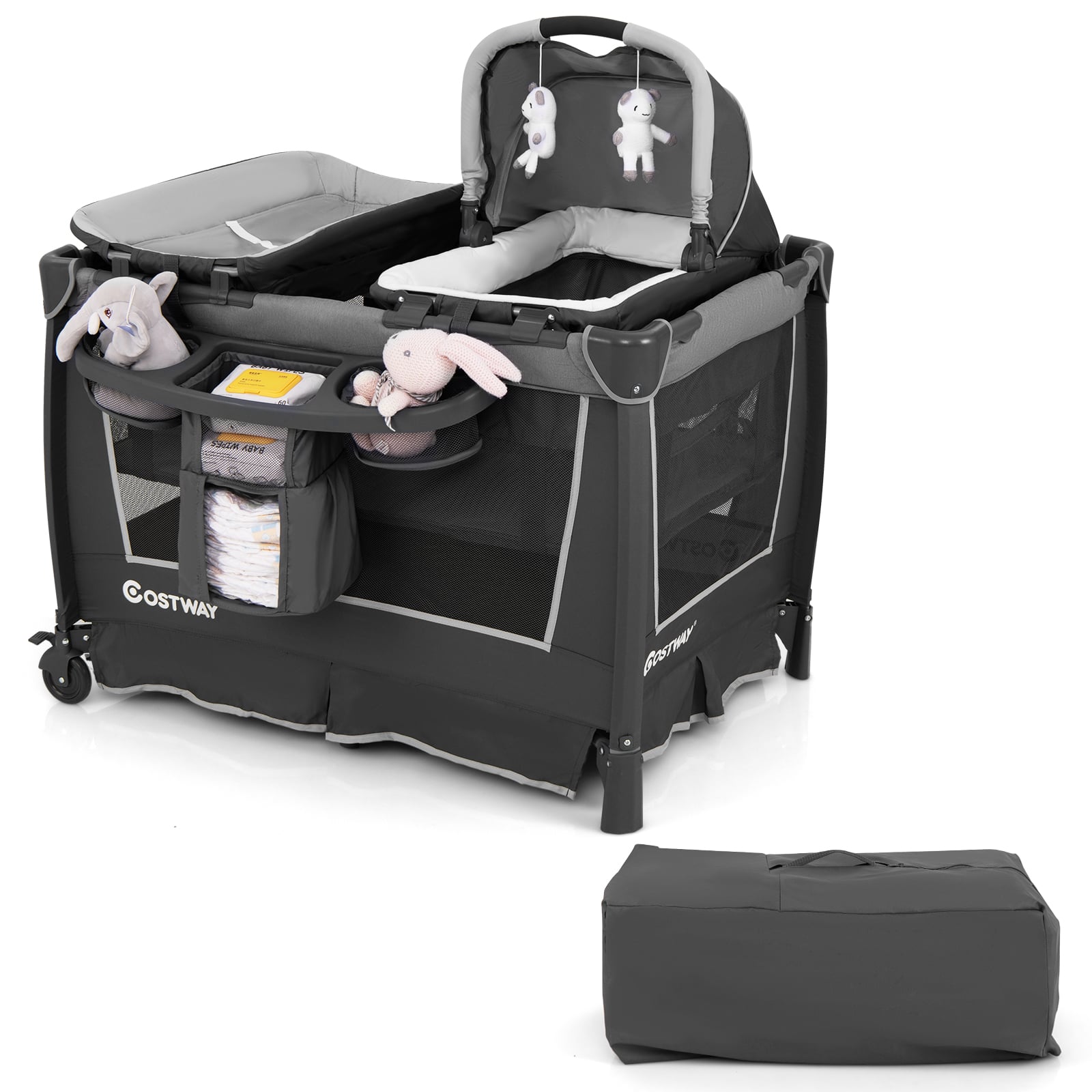 5 in 1 Faltbare Babybett mit Abnehmbarem Stubenwagen & Wickelauflage & Matratze Reisebett Grau