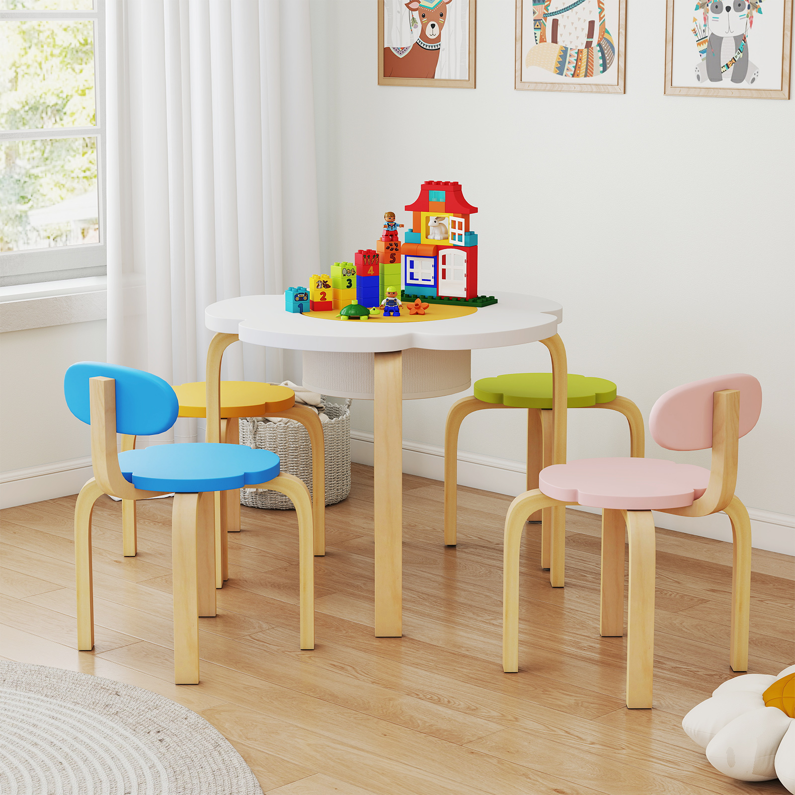 5 Teiliges Kinder Tisch Stuhl Set in Blumenform mit Stauram Kindersitzgruppe Maltisch aus Holz