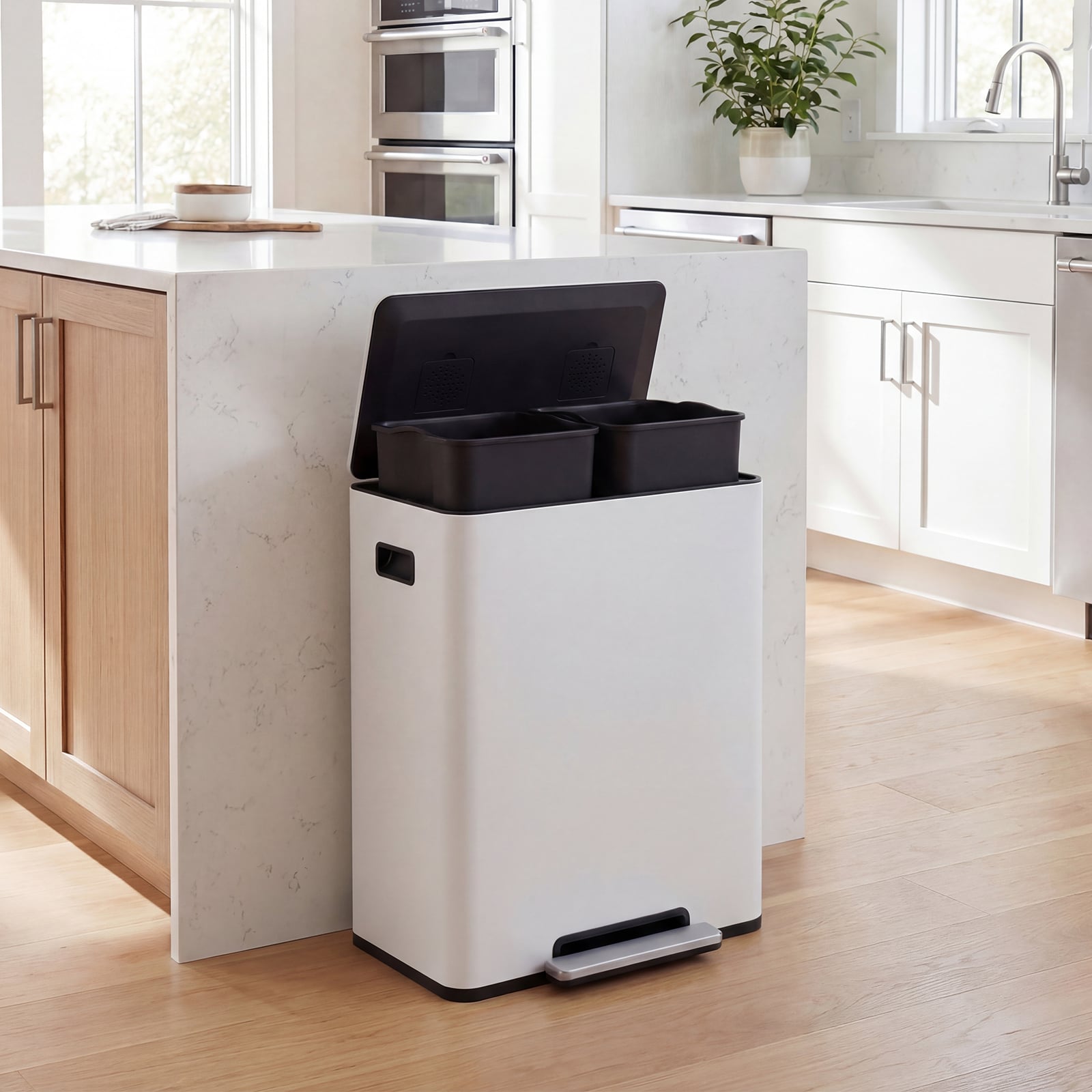 60L Küche Mülleimer aus Edelstahl mit Pedal & Softclose Deckel 2 Fächer Mülltrennsystem Weiß