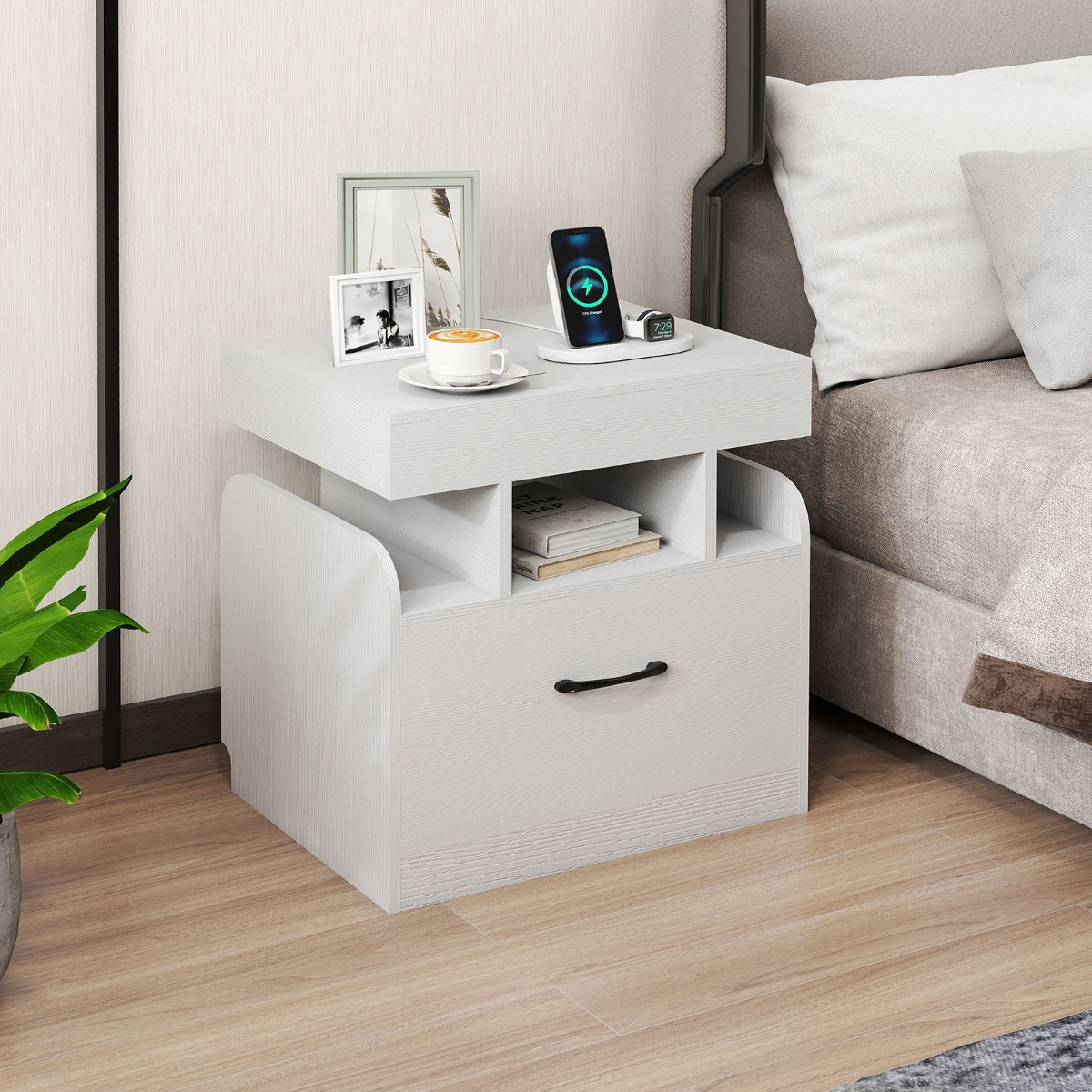 Nachttisch mit Ladestation Beistelltisch mit Schublade Nachtschrank mit offenen Fächern 50 x 40 x 55 cm Weiß