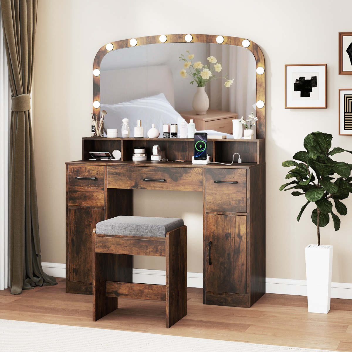 Schminktisch mit Schminkhocker & 3 Lichtfarben LED-Spiegel & Ladestation Frisiertisch Braun