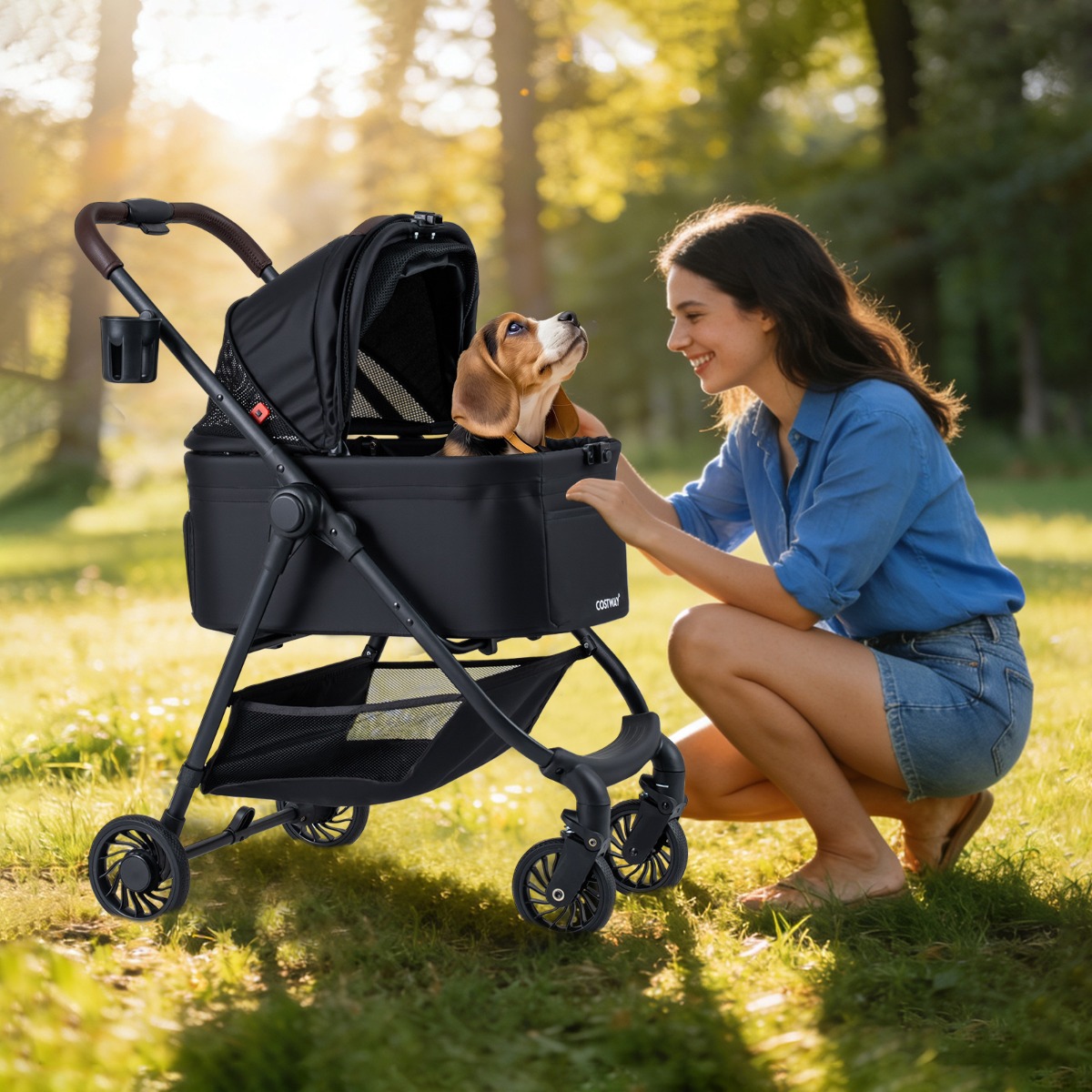 3 in 1 Haustierbuggy mit Abnehmbarem Träger & Verstellbarem Netzdach Hundebuggy Schwarz