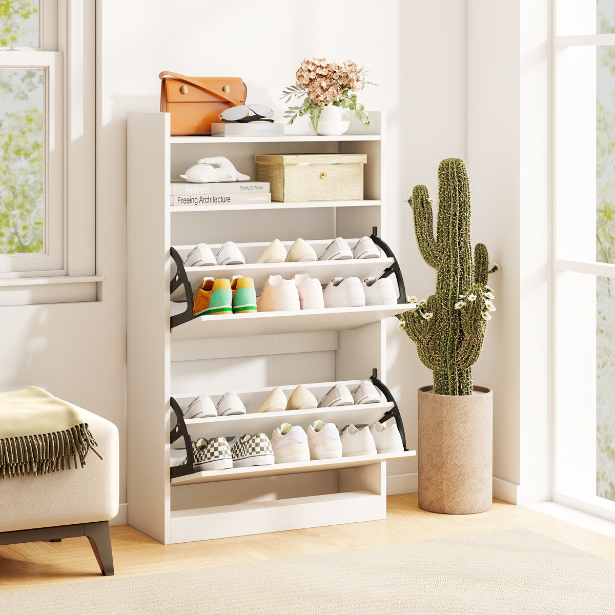 Schuhschrank mit 2 Klappfächern schlankes verstecktes Holz-Schuhregal Weiß/Rustikale Holzoptik (Weiß)