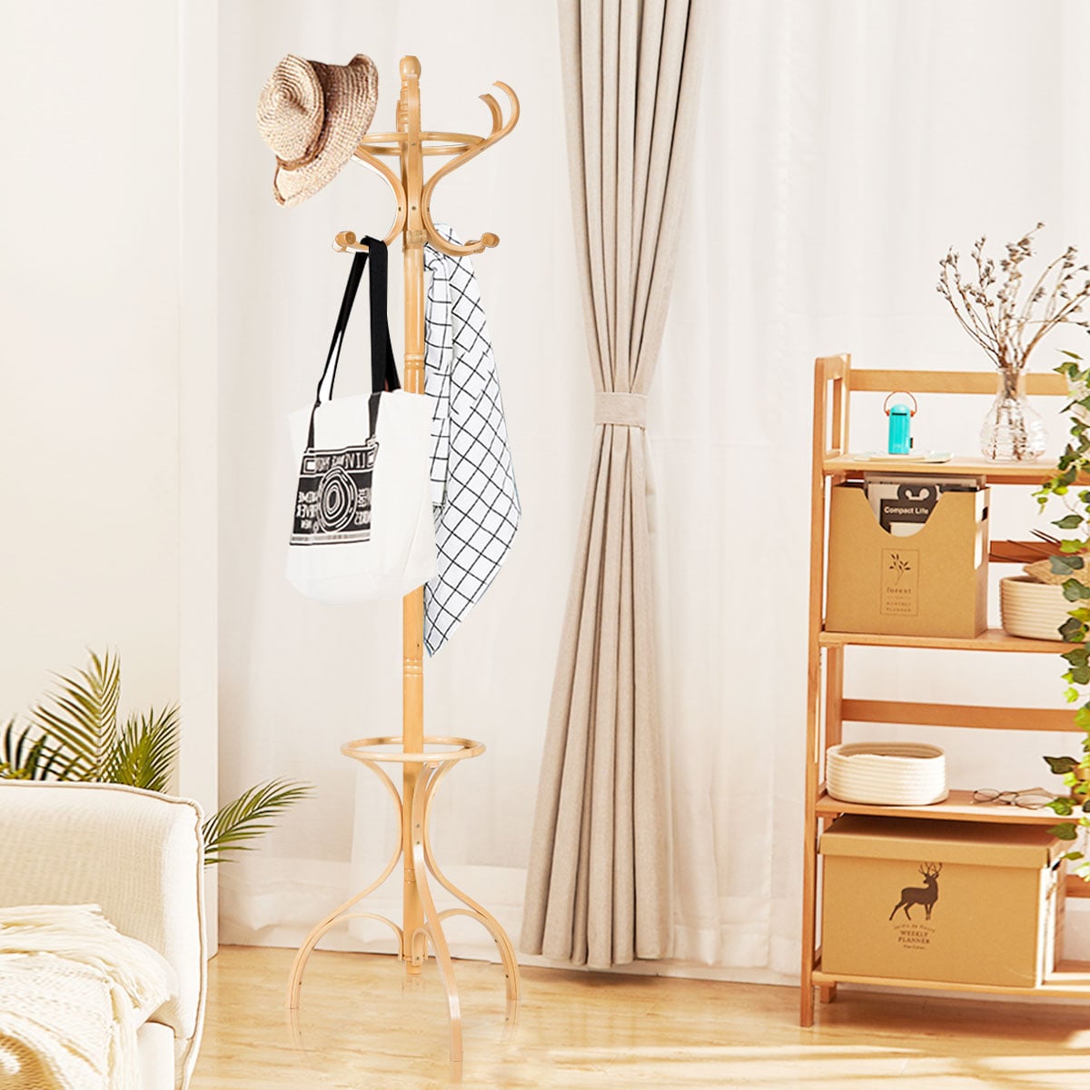 Garderobenständer Kleiderständer Garderobe mit 12 Haken Braun/Schwarz/Natur-Natur