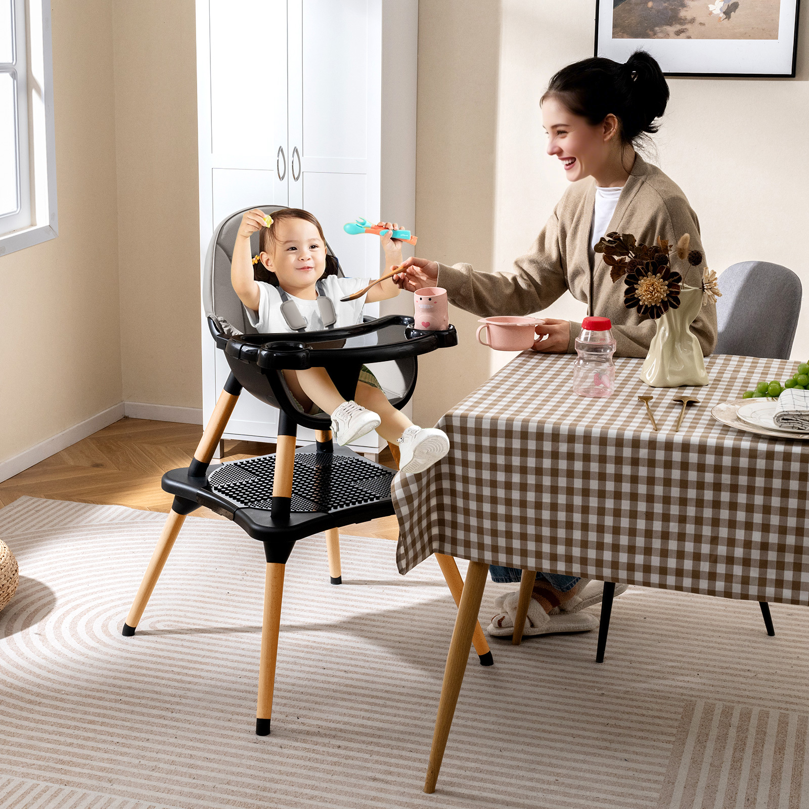 6 in 1 Baby Hochstuhl mit Bausteintisch & Abnehmbarem Doppeltablett Kinderhochstuhl Schwarz
