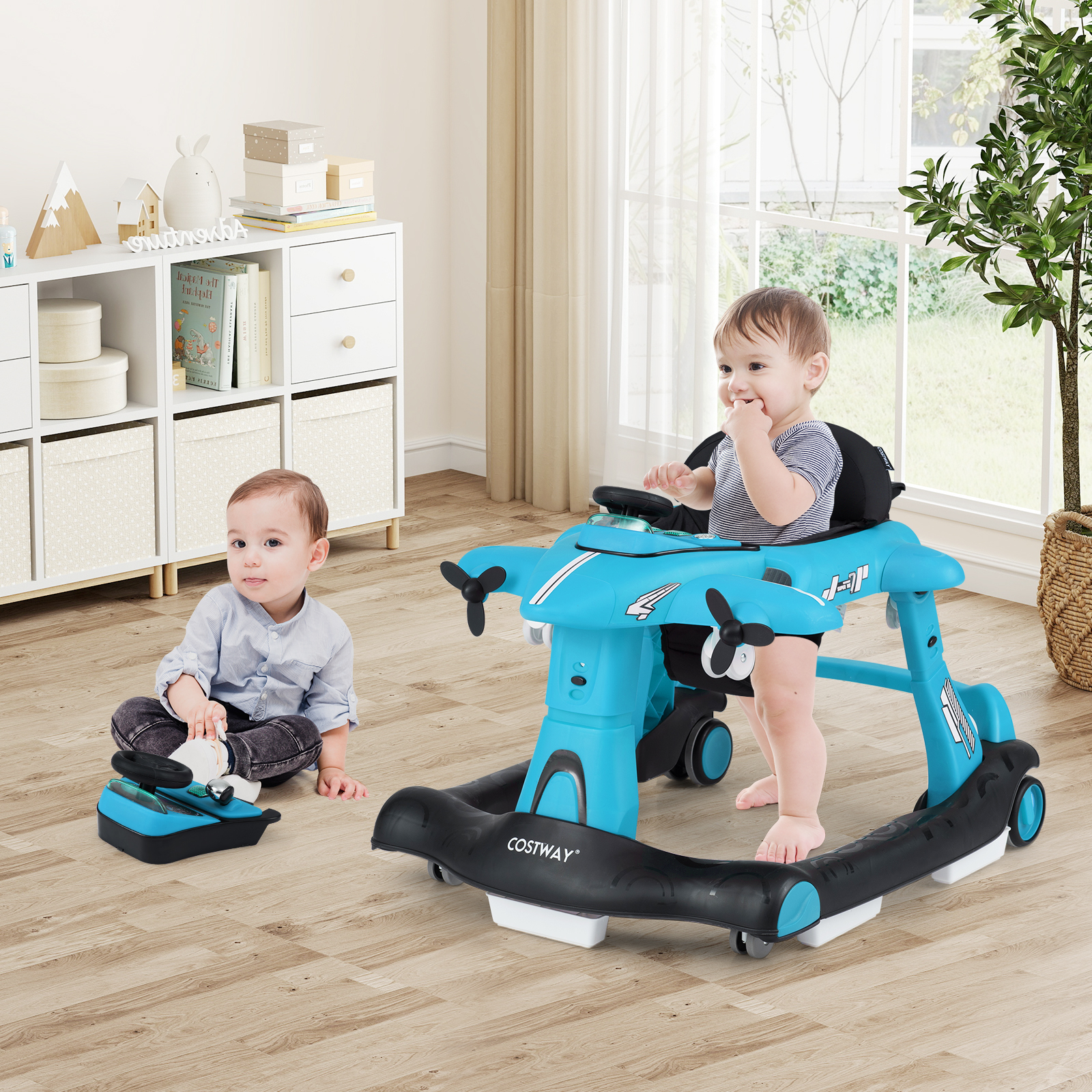 6-in-1-Lauflernhilfe mit Rädern Lauflernwagen im Flugzeugmotiv 3-stufig höhenverstellbar Blau