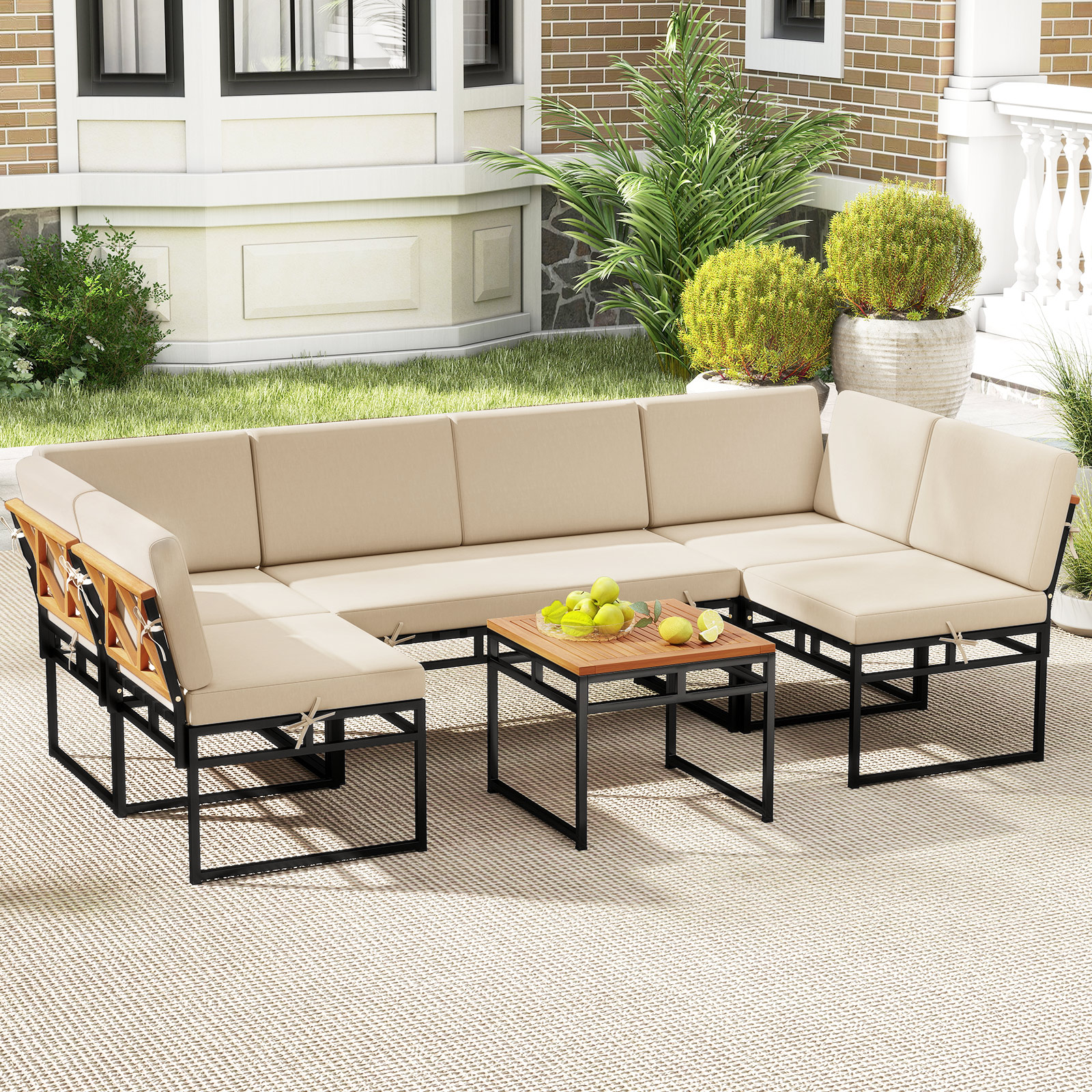 6-teilige Sitzgruppe Outdoor Gartensofa mit Metallrahmen Kissen & Bungee-Seil Sitz Beige