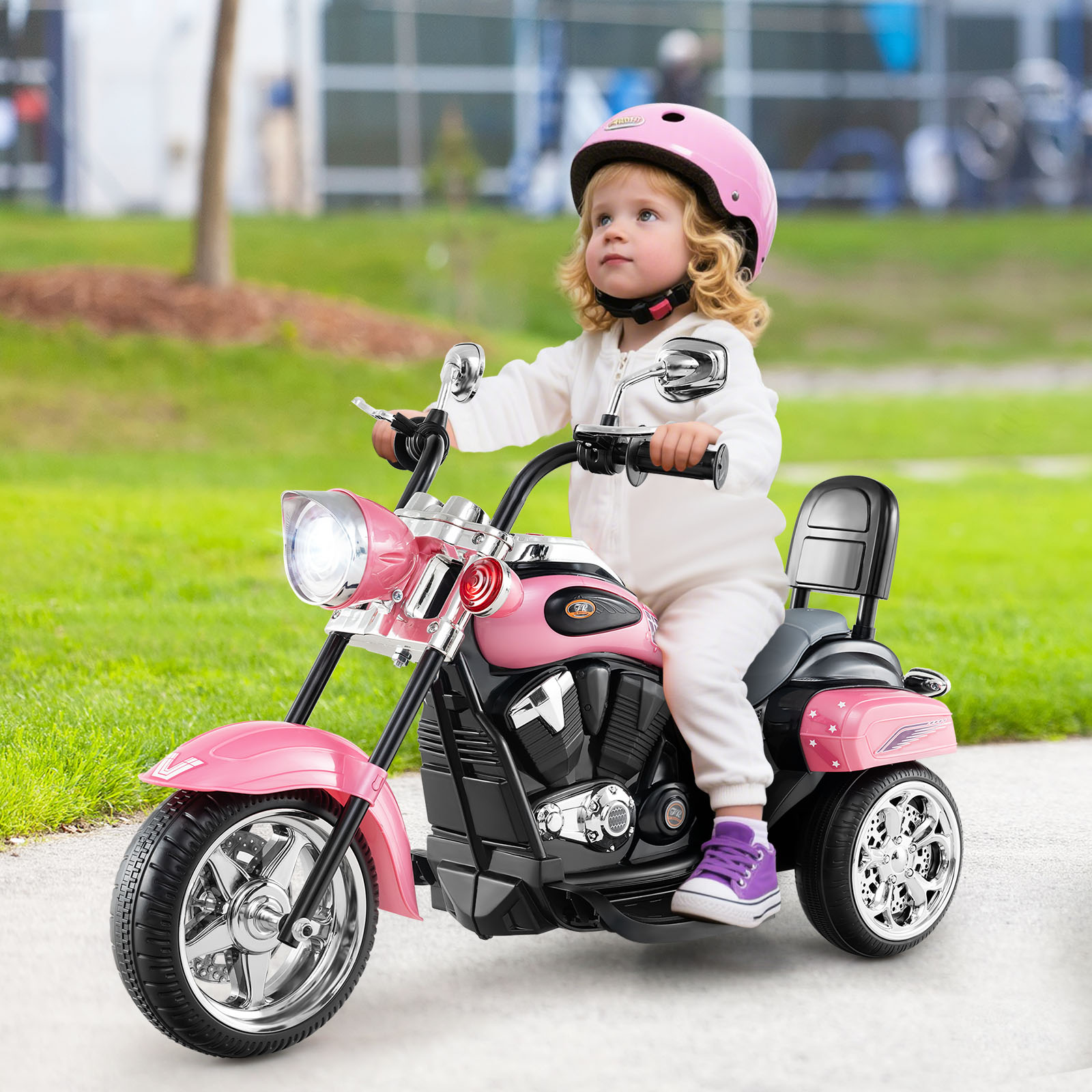 6V Kinder Elektro Motorrad mit Verstellbaren Scheinwerfer & Sound Dreirad Elektromotorrad Hellrosa