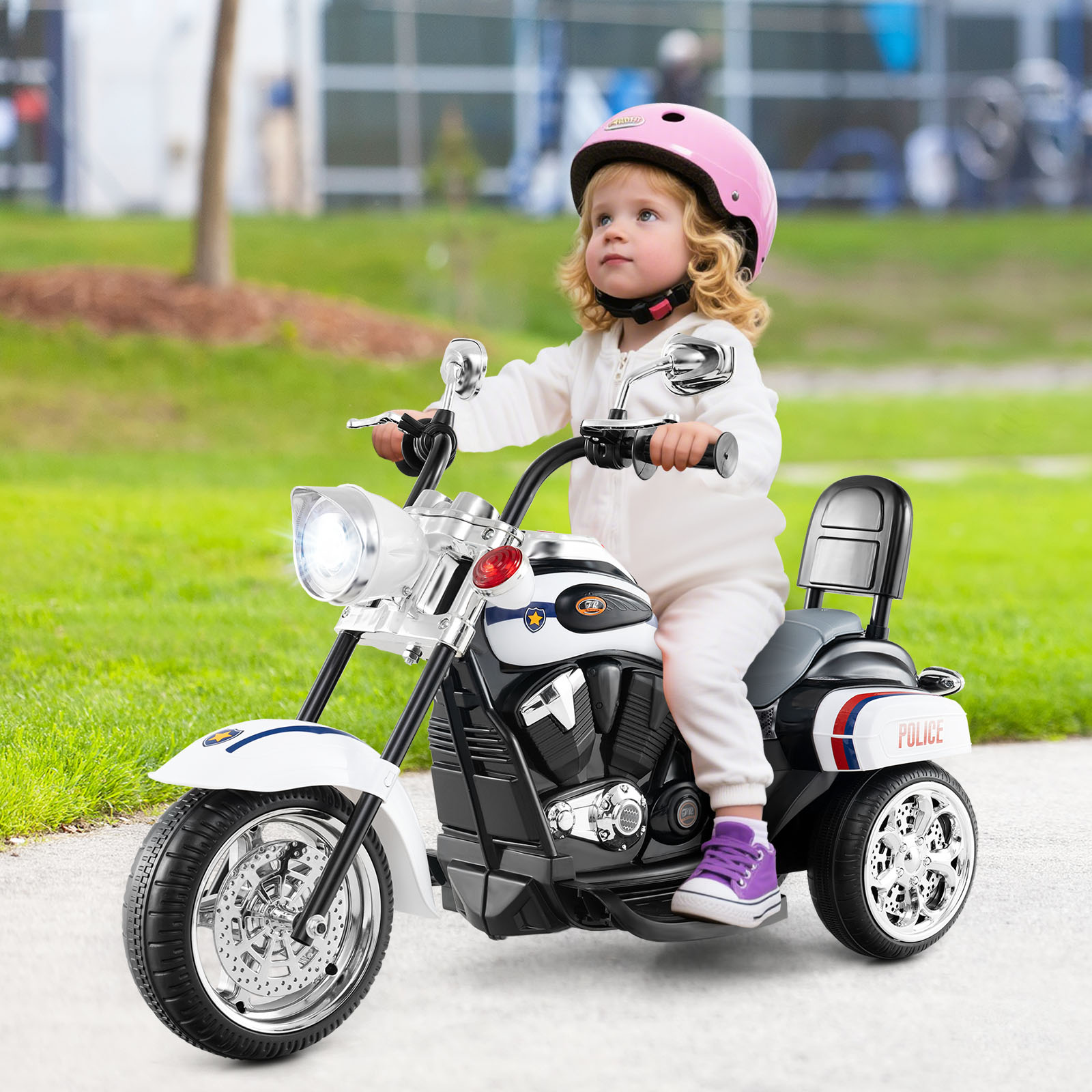 6V Kinder Elektro Motorrad mit Verstellbaren Scheinwerfer & Sound Dreirad Elektromotorrad Weiß Polizei