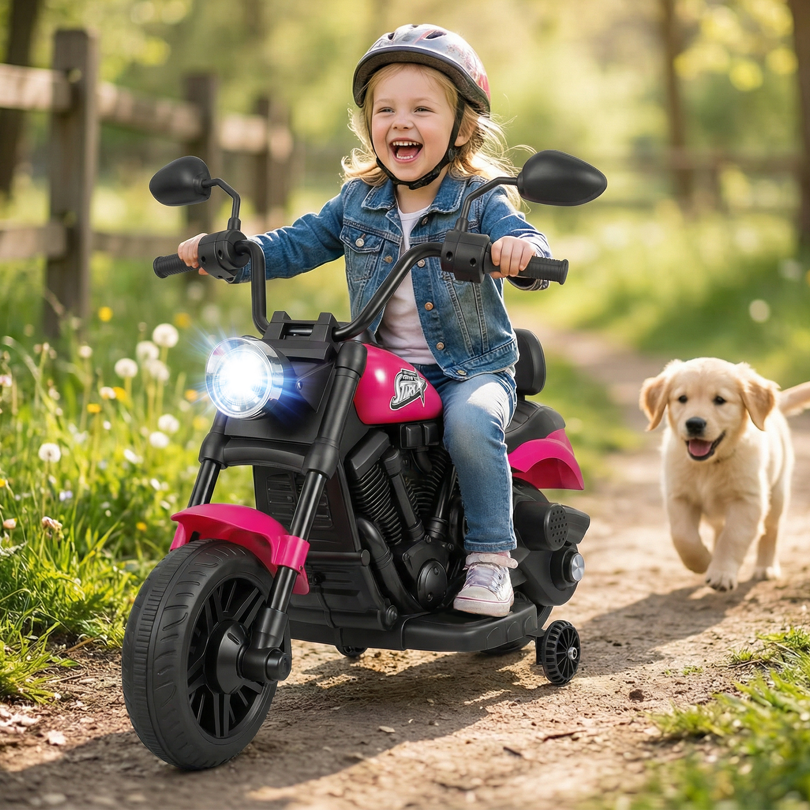 6V Kinder Motorrad Chopper-Motorrad mit Musik Scheinwerfer Fußpedal und 2 Stützrädern Rosa