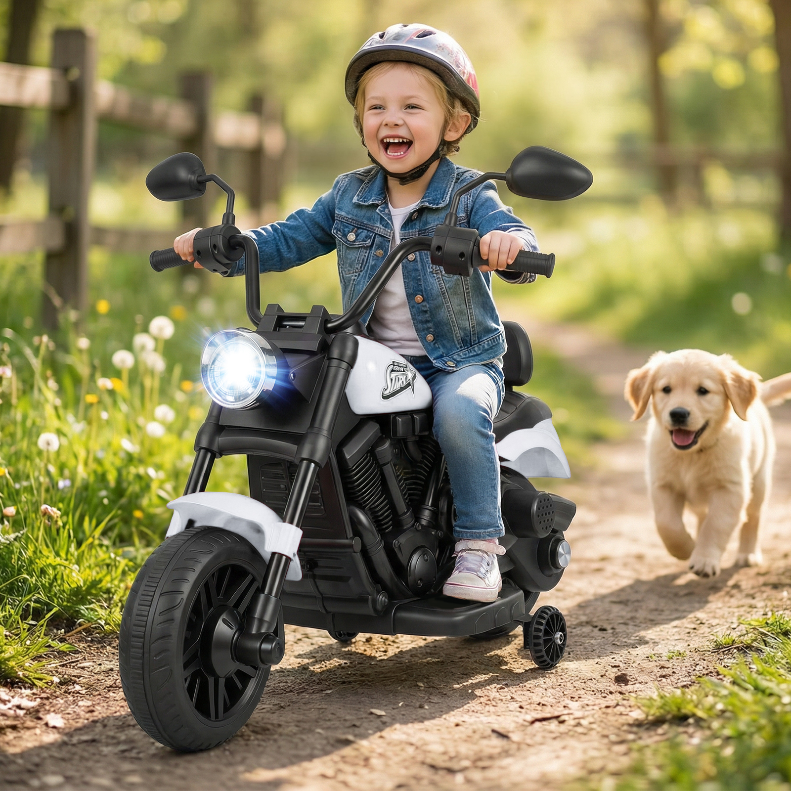 6V Kinder Motorrad Chopper-Motorrad mit Musik, Scheinwerfer Fußpedal und 2 Stützrädern Weiß