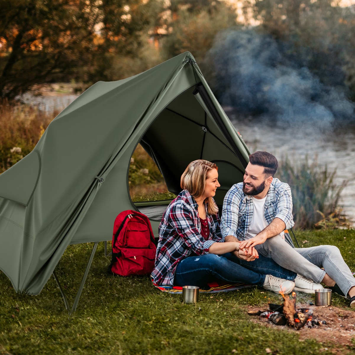 Feldbett mit Zelt für 2 Personen Campingbett mit Regenschutz & 2 Netztüren & Fenster & Rolltasche
