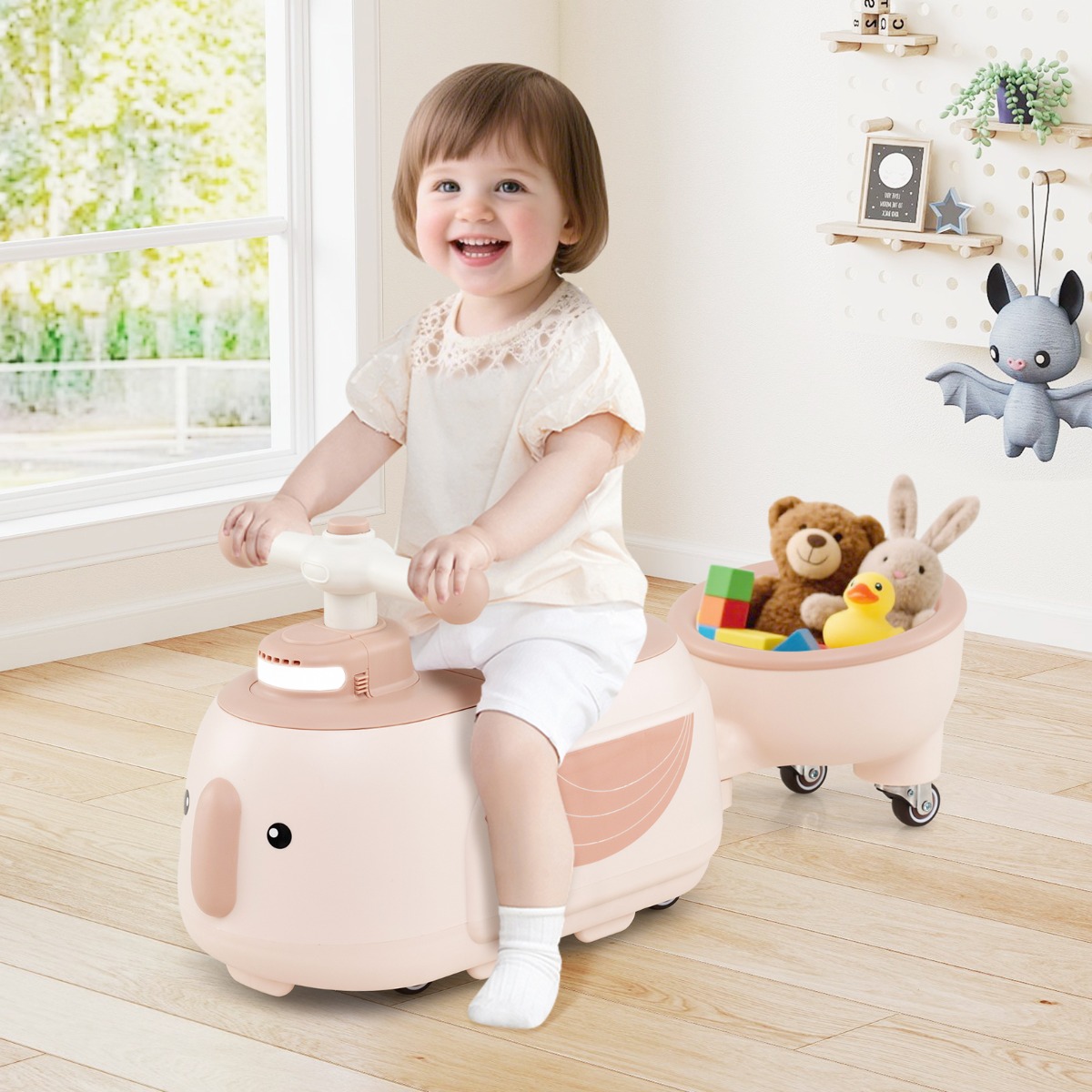 Kinder Rutschauto mit Anhänger & Licht & Stauraum unter dem Sitz Bodenrutscher Beige
