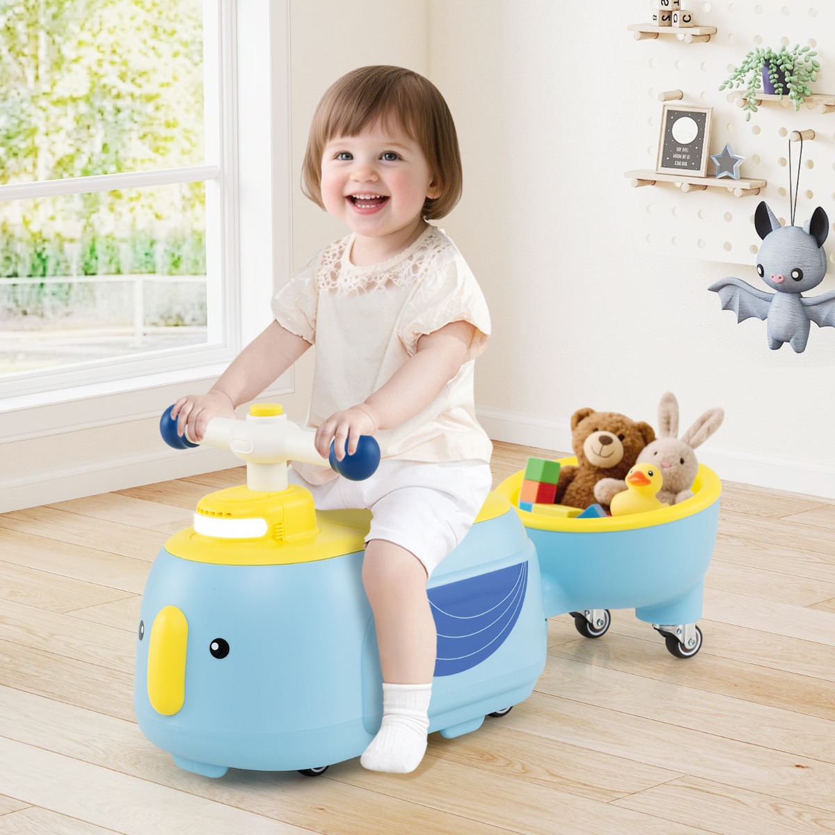 Kinder Rutschauto mit Anhänger & Licht & Stauraum unter dem Sitz Bodenrutscher Blau