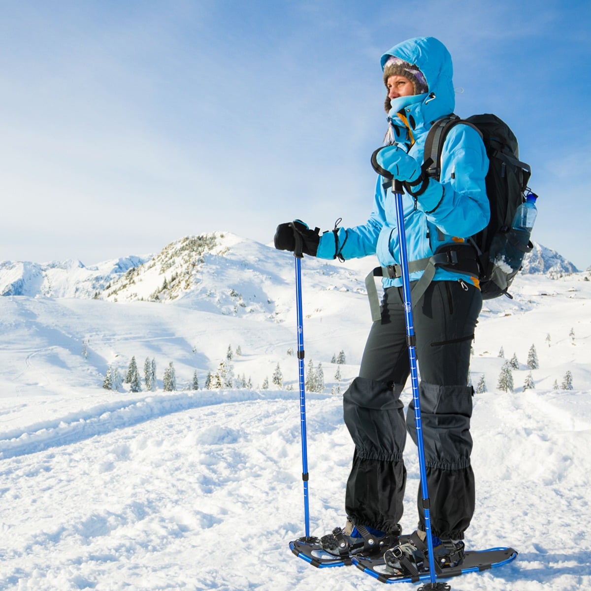 Vielseitiges Schneeschuhe-Set 63 cm ergonomische Schneeschuhe mit Doppel-Ratschenbindungssystem Blau