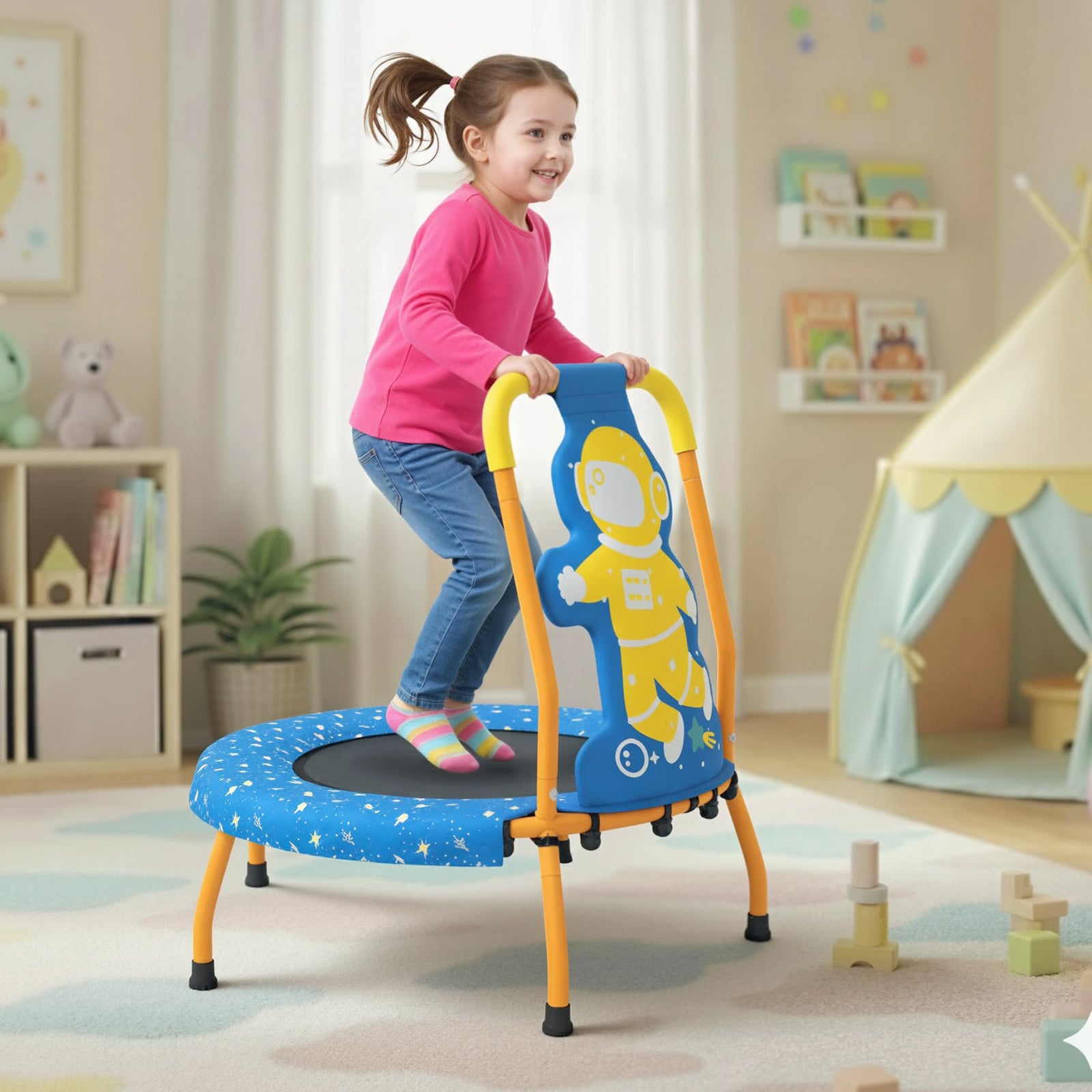 φ71cm Kinder Trampolin mit Griff & Randabdeckung Mini-Trampolin mit Astronauten-Motiv Kindertrampolin