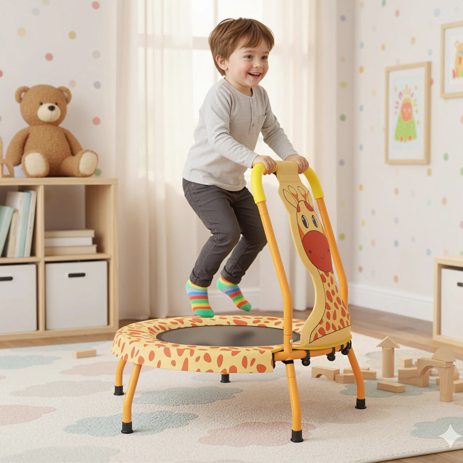 φ71cm Kinder Trampolin mit Griff & Randabdeckung Mini-Trampolin mit Giraffe-Motiv Kindertrampolin