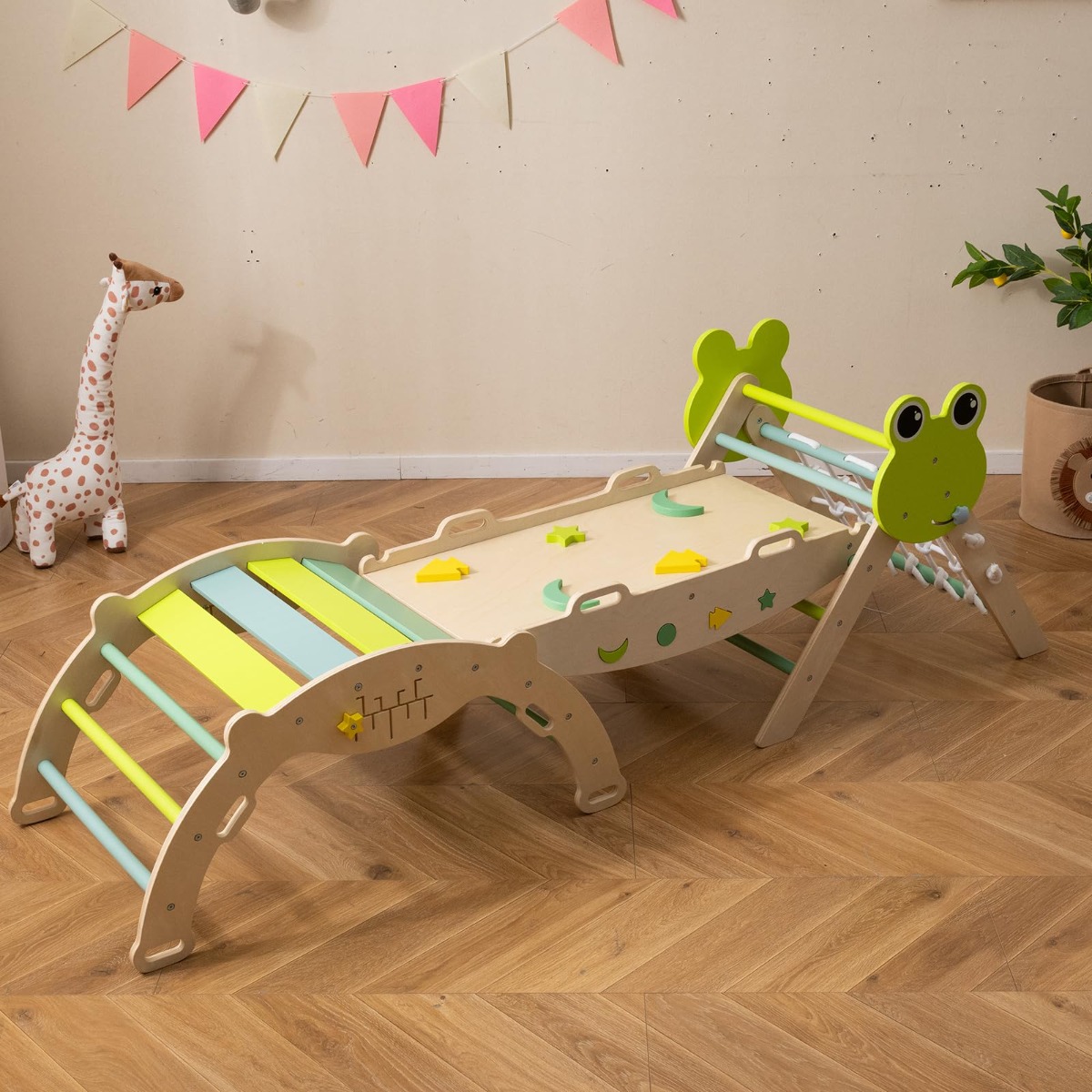 3er Set Klettergerüst Klappabres Kletterdreieck mit Kletterbogen & Rutsche Frosch Sprossendreieck