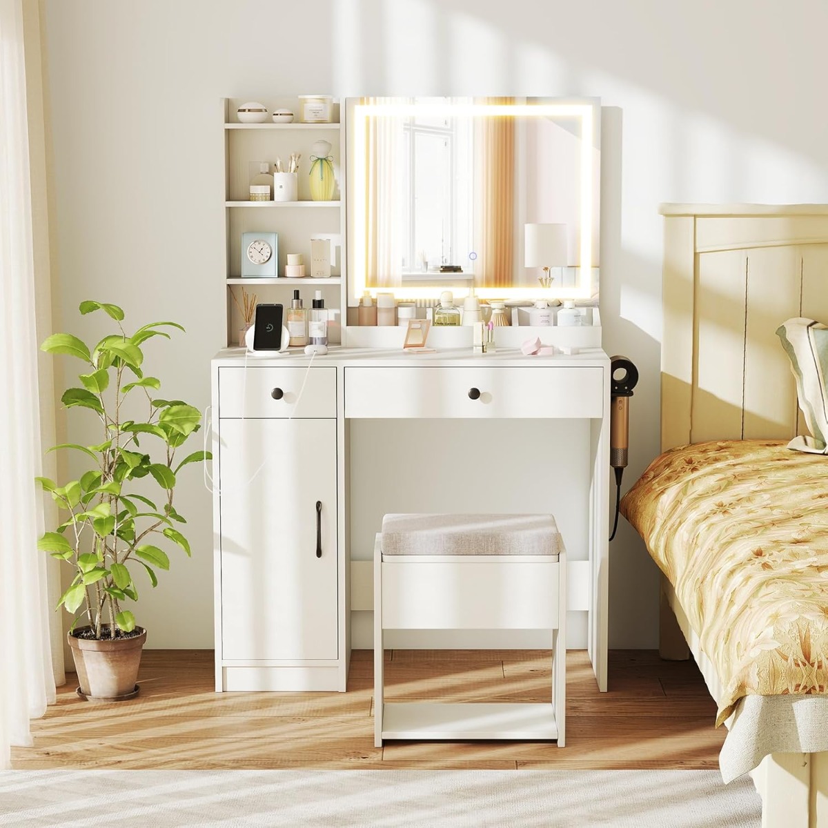 Schminktisch mit Hocker & LED-Spiegel & Steckdosen Frisierttisch-Set Kosmetiktisch Weiß