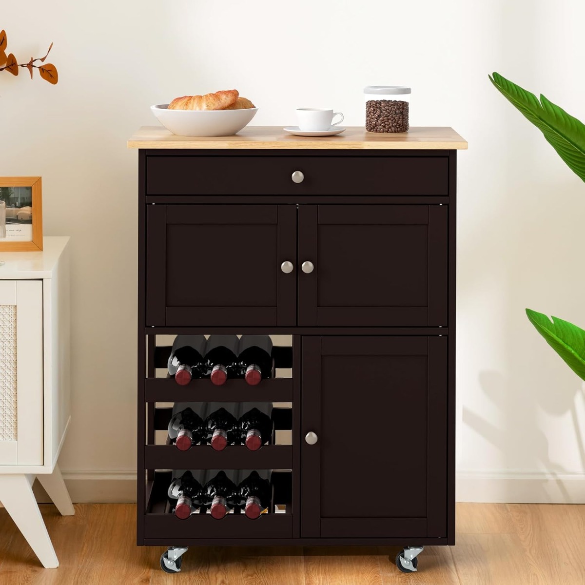 Küchenwagen mit Schubladen & 3-stöckigem Weinregal & Arbeitsplatte Servierwagen Braun