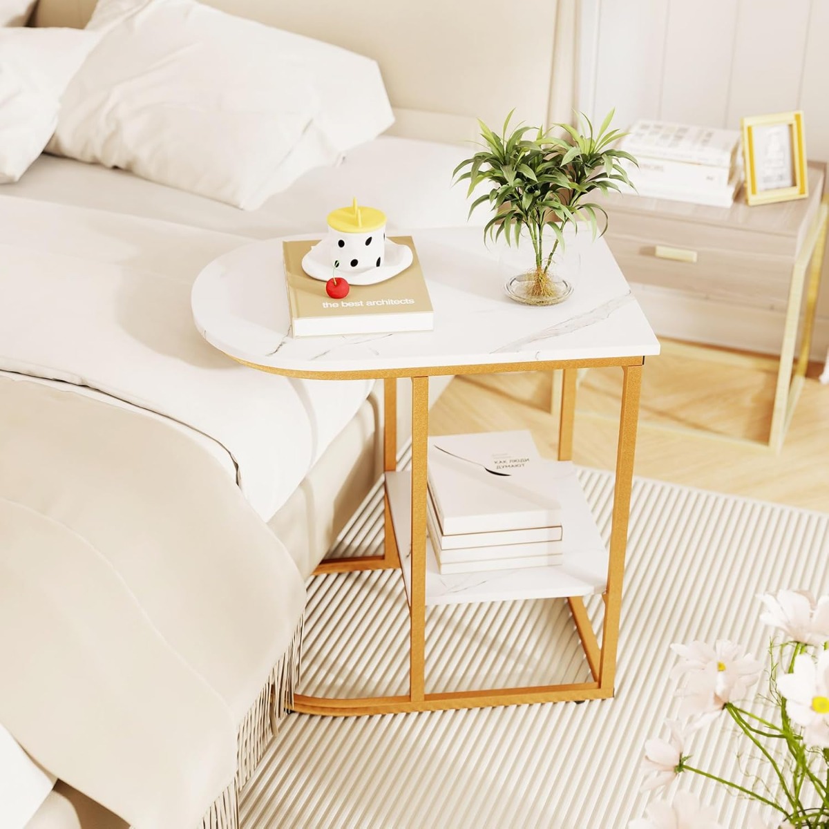 Beistelltisch mit Marmor Optik 2-stöckiger Sofatisch mit Ablagefläche C Form Kaffeetisch