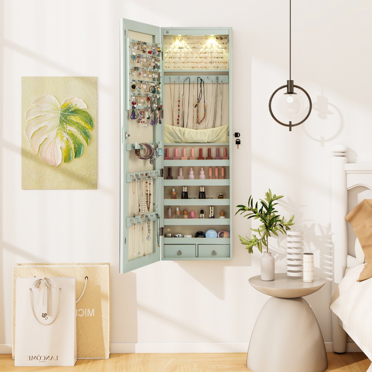 Schmuckschrank mit LED Beleuchtung Schmuckregal mit Spiegel Abschließbarer Spiegelschrank Grün