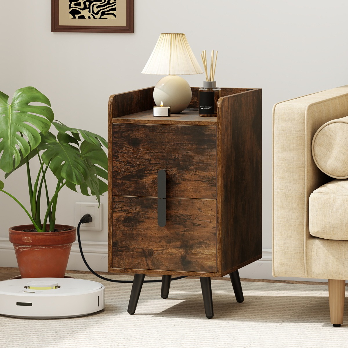 Nachttisch mit Ladestation schmaler Nachtschrank mit 2 Schubladen Beistelltisch mit Metallbeinen Rustikales Braun