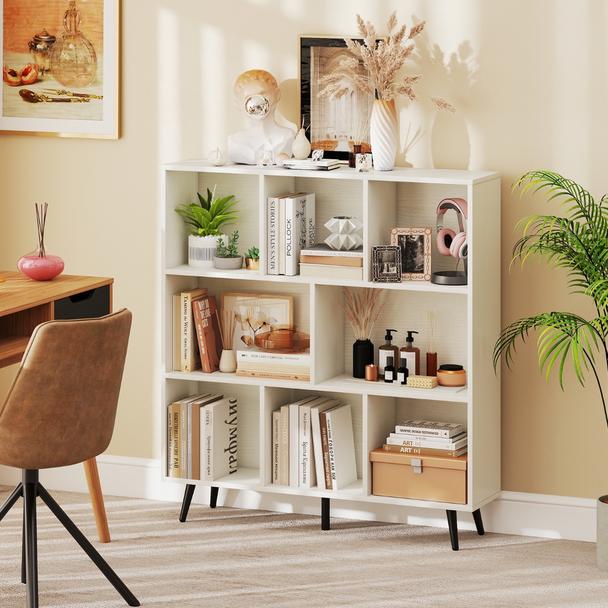 Bücherregal mit Fächern Standregal mit 3 Ebenen & Holzbeine Würfelregal Büroregal 100 cm