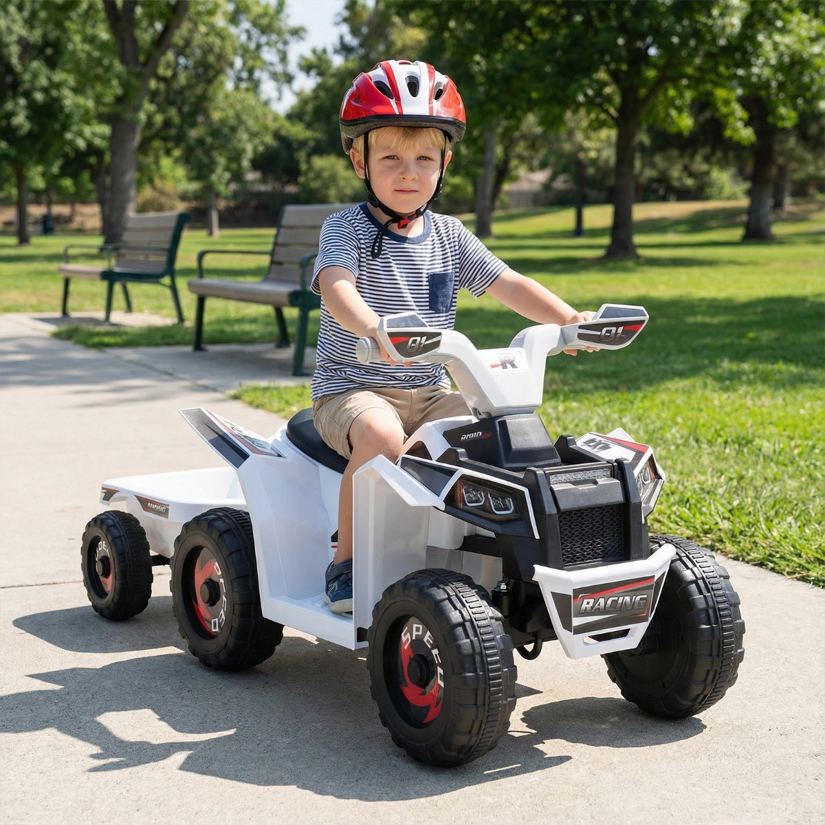 6V Kinder Elektrischer ATV mit Anhänger Elektrofahrzeug mit verschleißfesten Rädern Weiß
