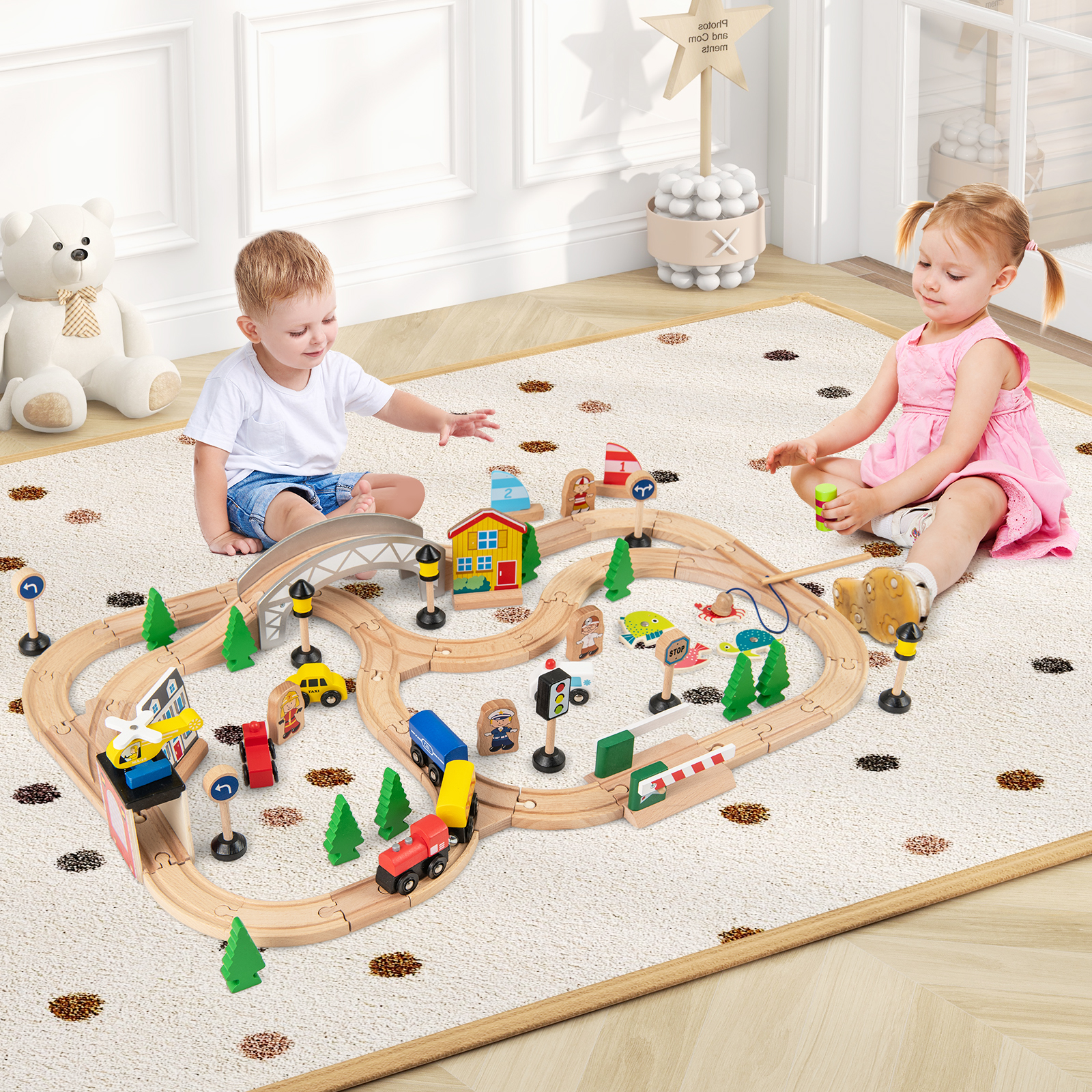 78 teiliges Kinder Eisenbahn Set 5 in 1 Holz Eisenbahntisch mit Umkehrbarer Tischplatte & Tafel