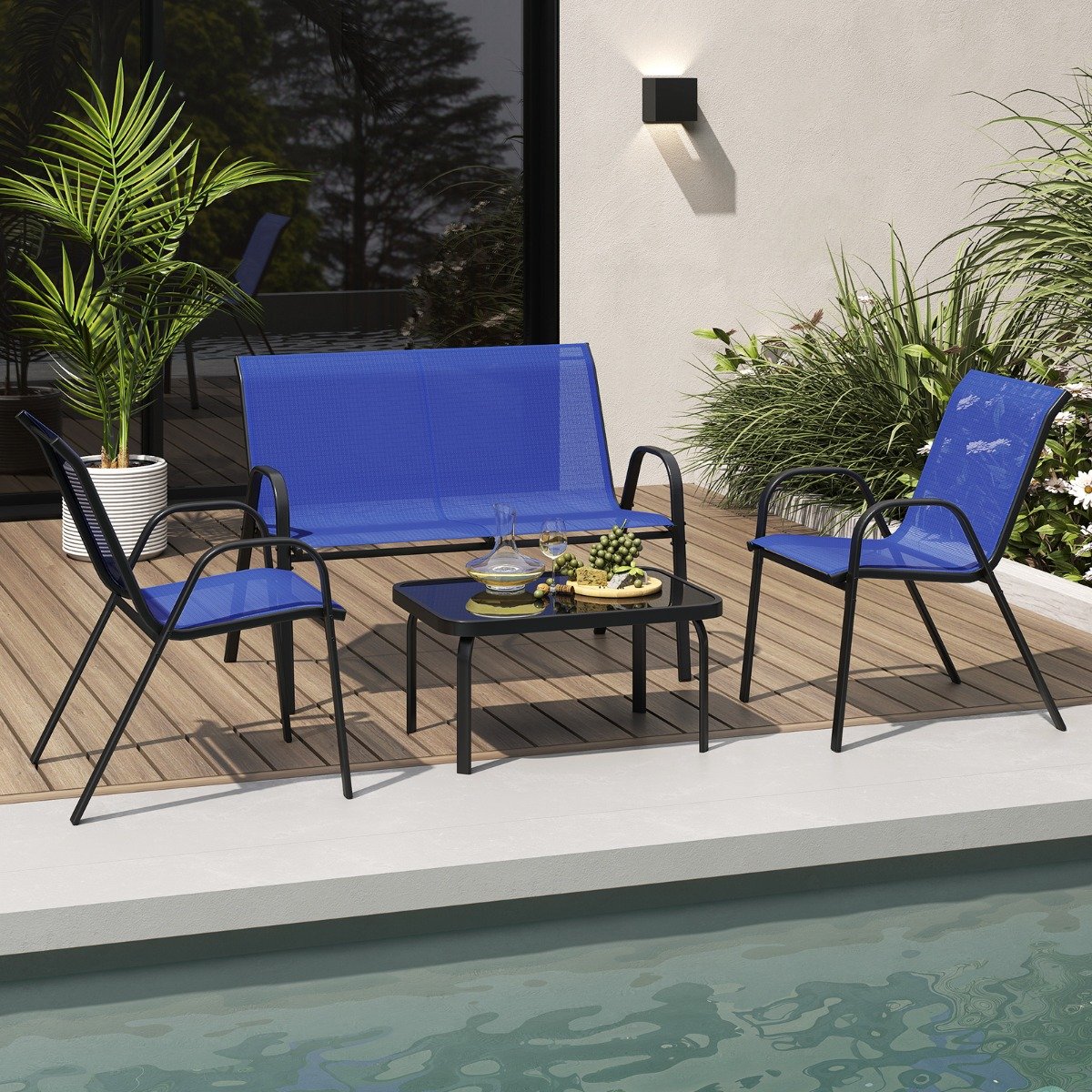 4-teiliges Patio Metallstuhl-Set Modernes Stuhlund Tisch-Set mit Stoffbezug Tischplatte aus gehärtetem Glas Blau