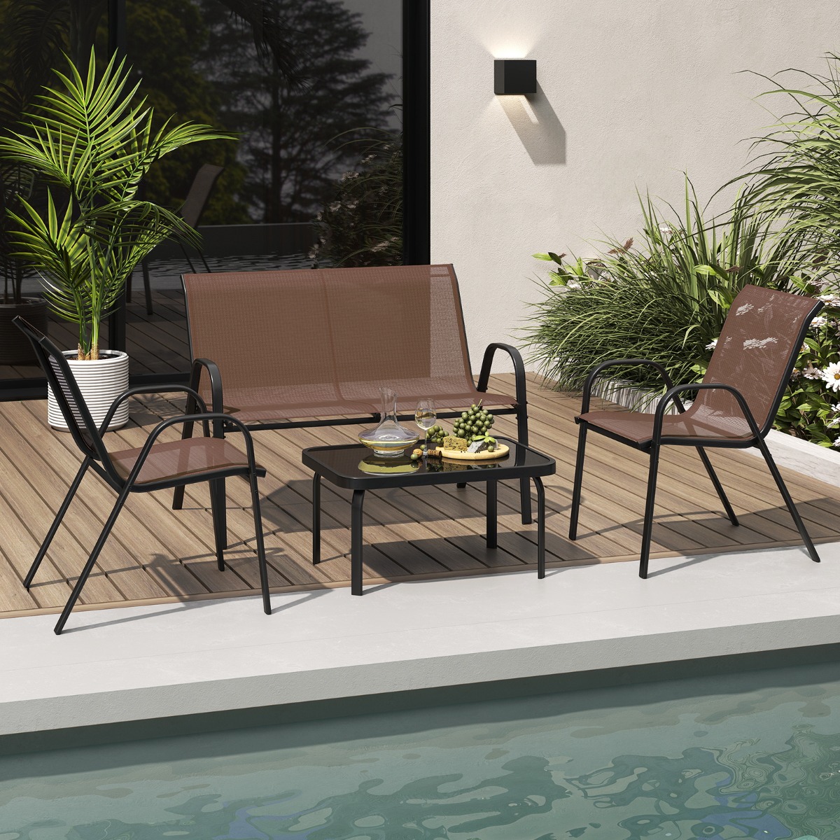 4-teiliges Patio Metallstuhl-Set Modernes Stuhlund Tisch-Set mit Stoffbezug Tischplatte aus gehärtetem Glas Braun