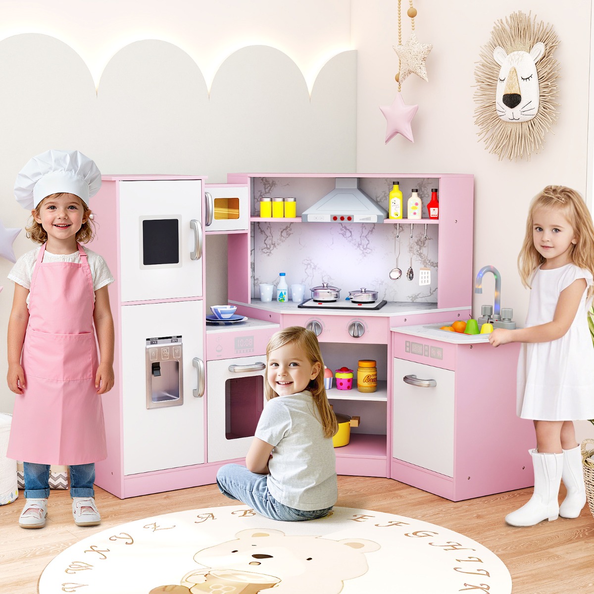 Holz Eck Kinderküche mit Licht & Sound & Tafel & Zubehör Kinderküche Spielküche Holzküche Rosa