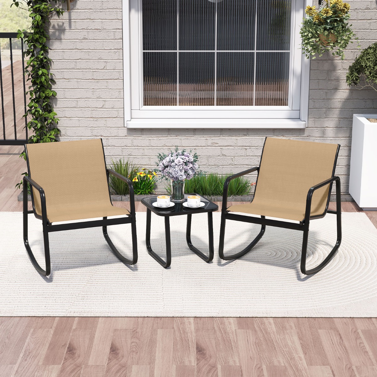 3-tlg. Gartenmöbel Set mit 2 Stühle & Tisch Balkonset mit Sanfter Schaukelbewegung Braun