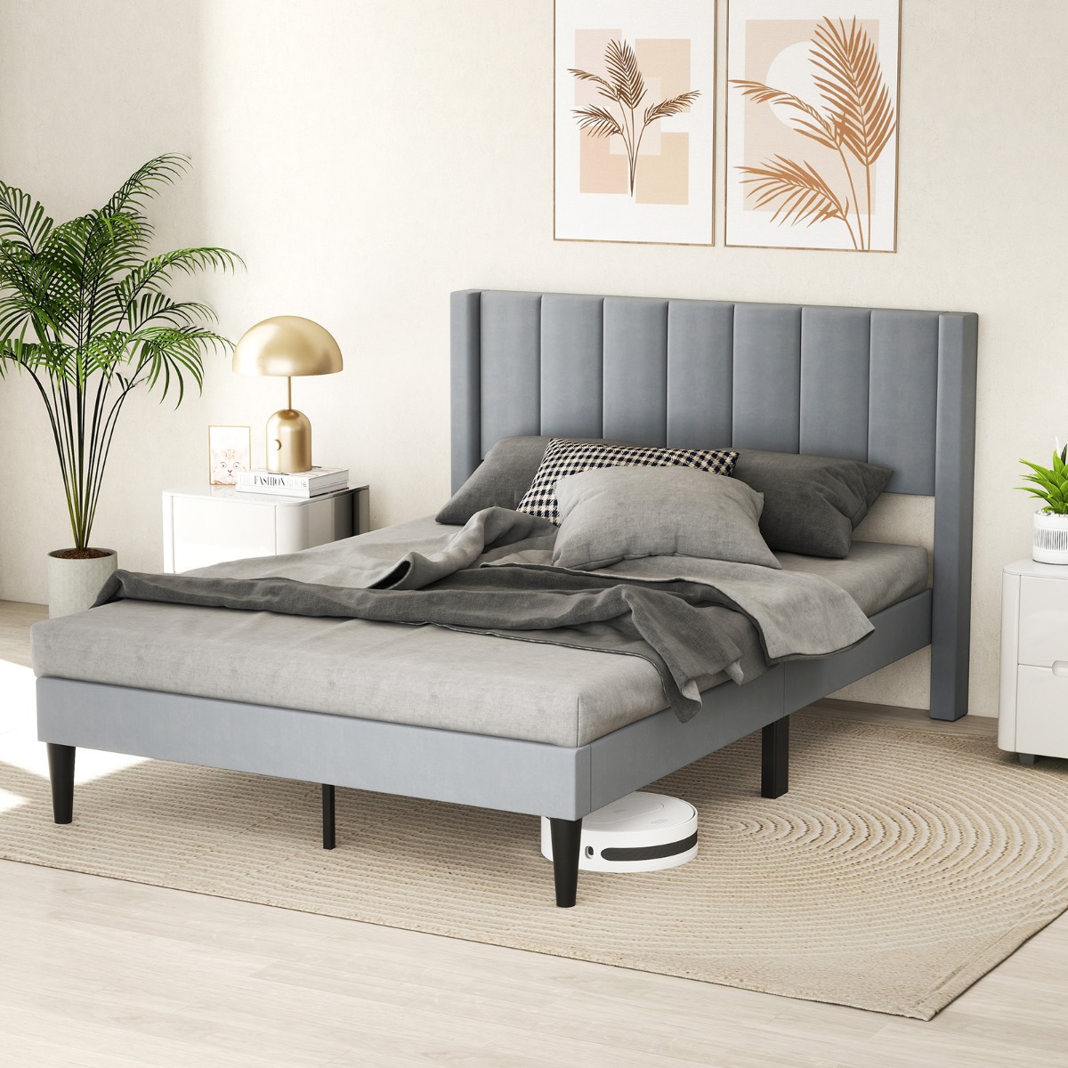 Gepolstertes Doppelbettgestell für 200 x 140 cm Matratze Plattformbett mit Kopfteil Bettgestell Grau