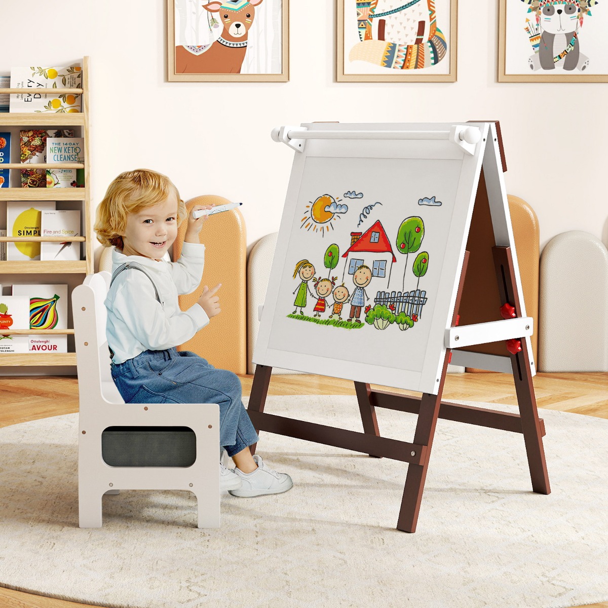Kinder Staffelei mit Stuhl Höhenverstellbare Kindertafel mit Kreidetafel & Whiteboard Braun