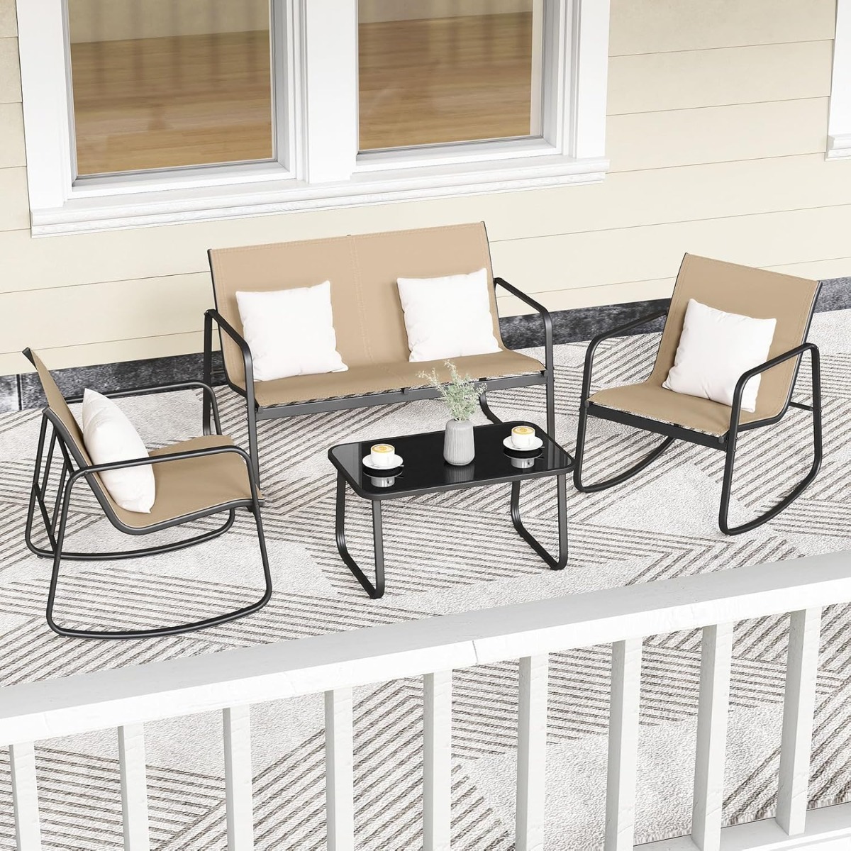 4-tlg. Gartenmöbel Set mit Sanfter Schaukelbewegung Terrassenmöbel Sitzgruppe Sitzgarnitur Braun