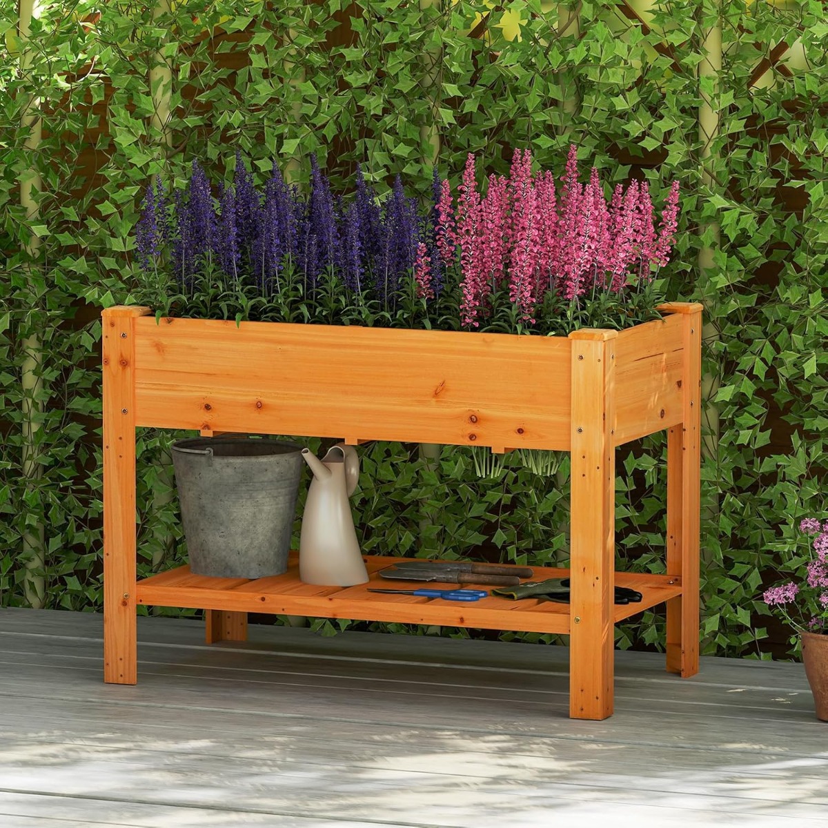 Holz Hochbeet mit Ablage & Entwässerungslöchern Erhöhtes Gartenbeet Pflanzkasten Braun