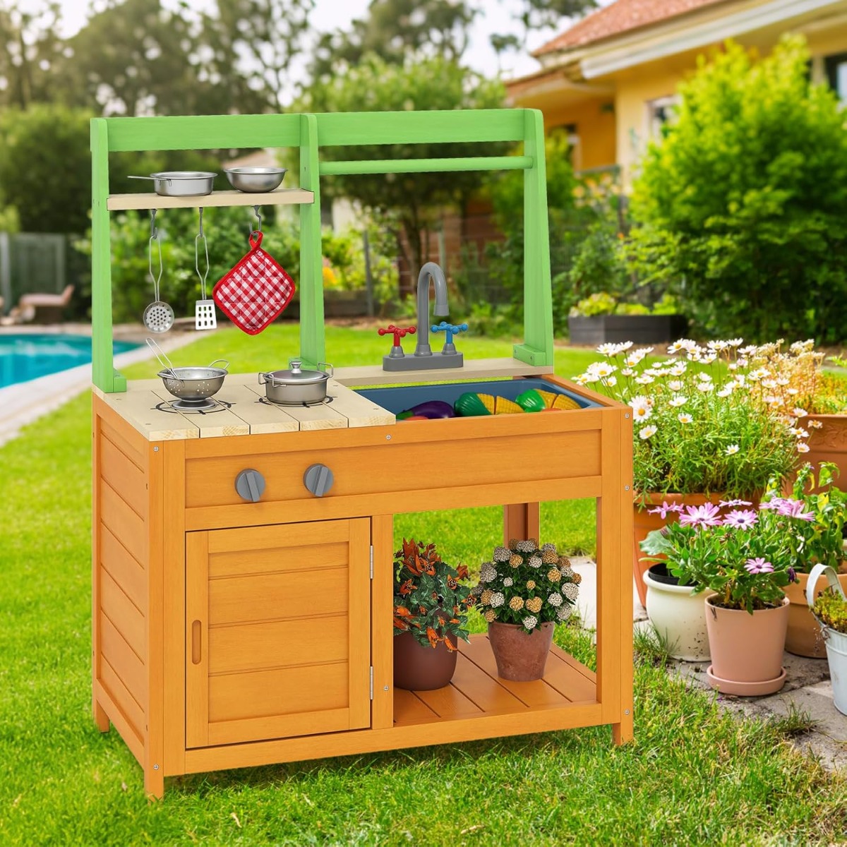 Matschküche Kinder Outdoor Kinderküche mit Zubehör Spielküche mit realistischen Herden & Wasserhahn