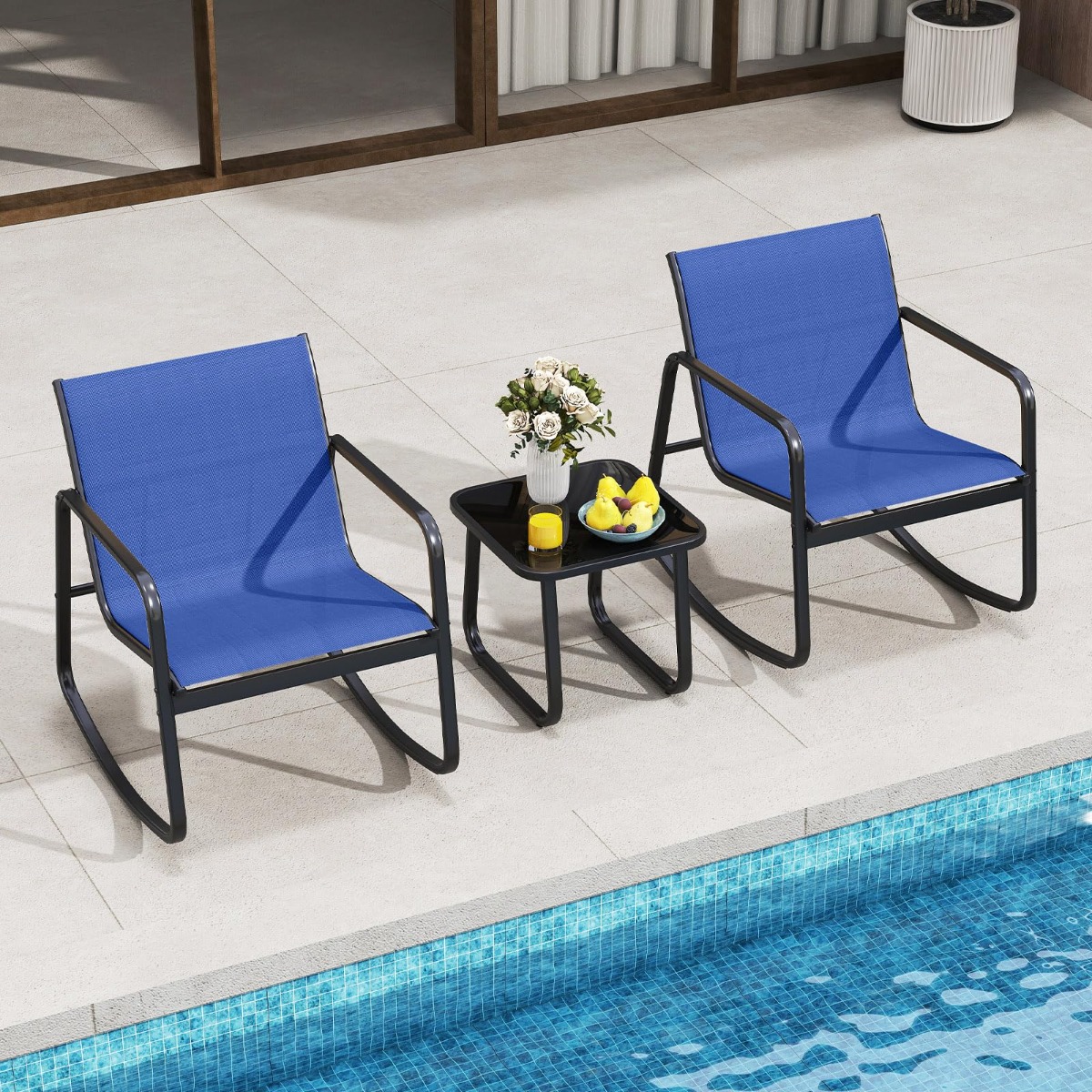 3-tlg. Gartenmöbel Set mit 2 Stühle & Tisch Balkonset mit Sanfter Schaukelbewegung Blau