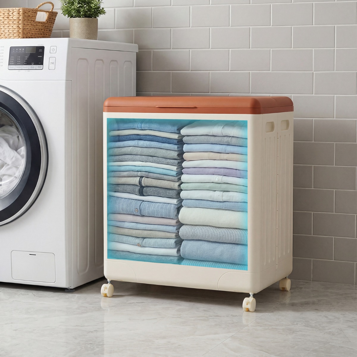 Aufbewahrungsbox für Kleidung mit Deckel und Rollen 45 L rollbarer Wäschekorb Orange