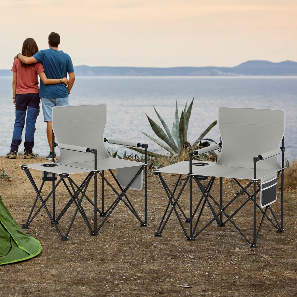 2er Set Strandstuhl faltbarer Picknickstuhl mit 5 Positionen verstellbarer Rückenlehne mit Armlehnen Grau